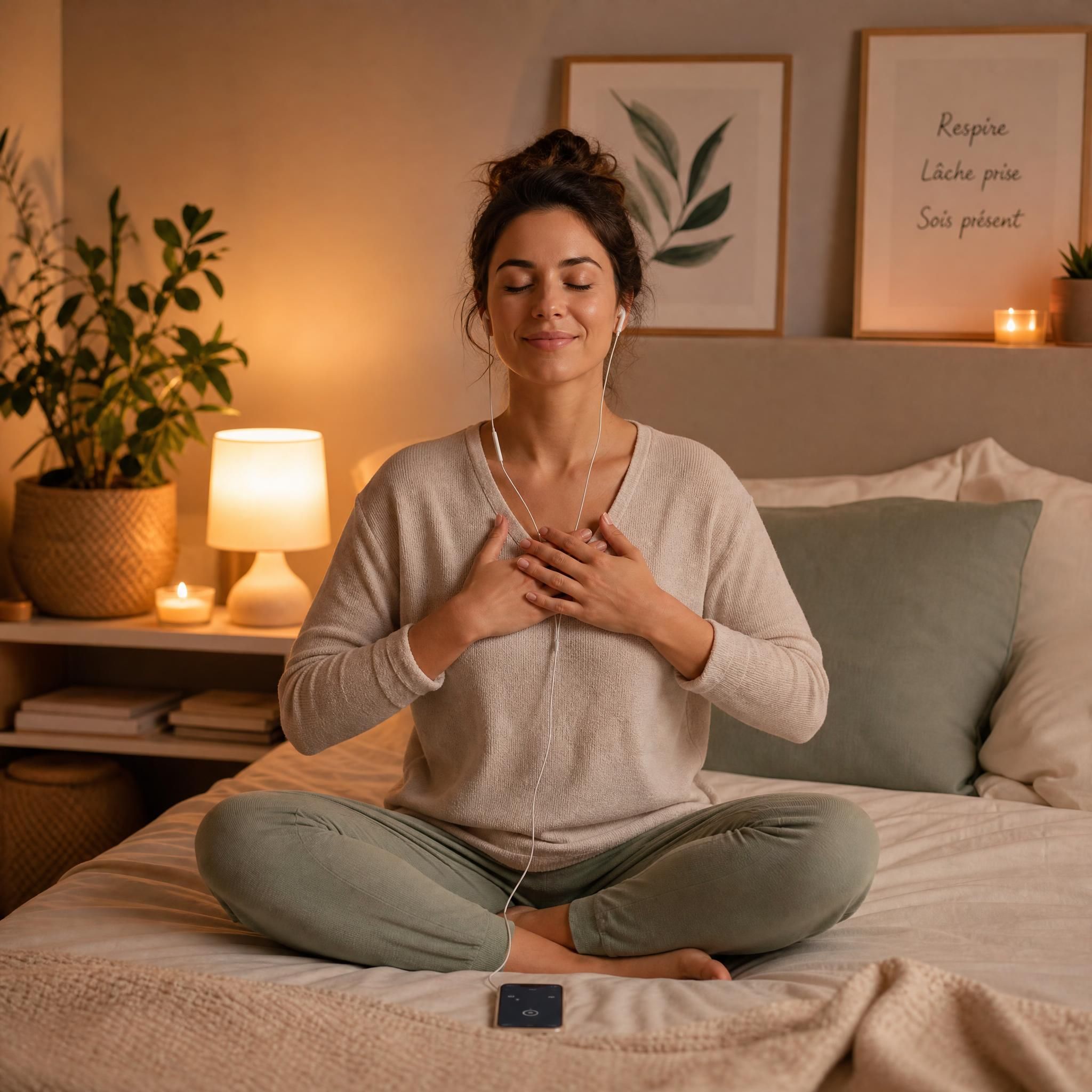 Femme sereine pratiquant une relaxation guidée dans sa chambre, yeux fermés, expression de paix intérieure, lumière tamisée chaude