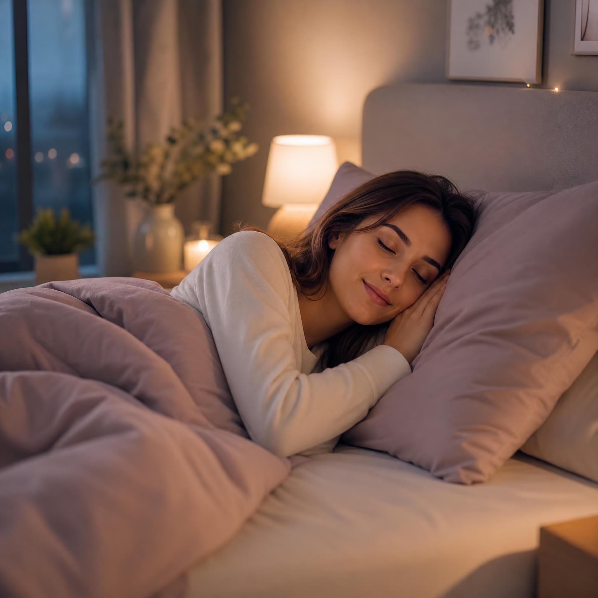 Femme qui s'endort paisiblement dans une chambre tamisée, draps doux, lumière douce en fond, ambiance apaisante et bienveillante — plan moyen