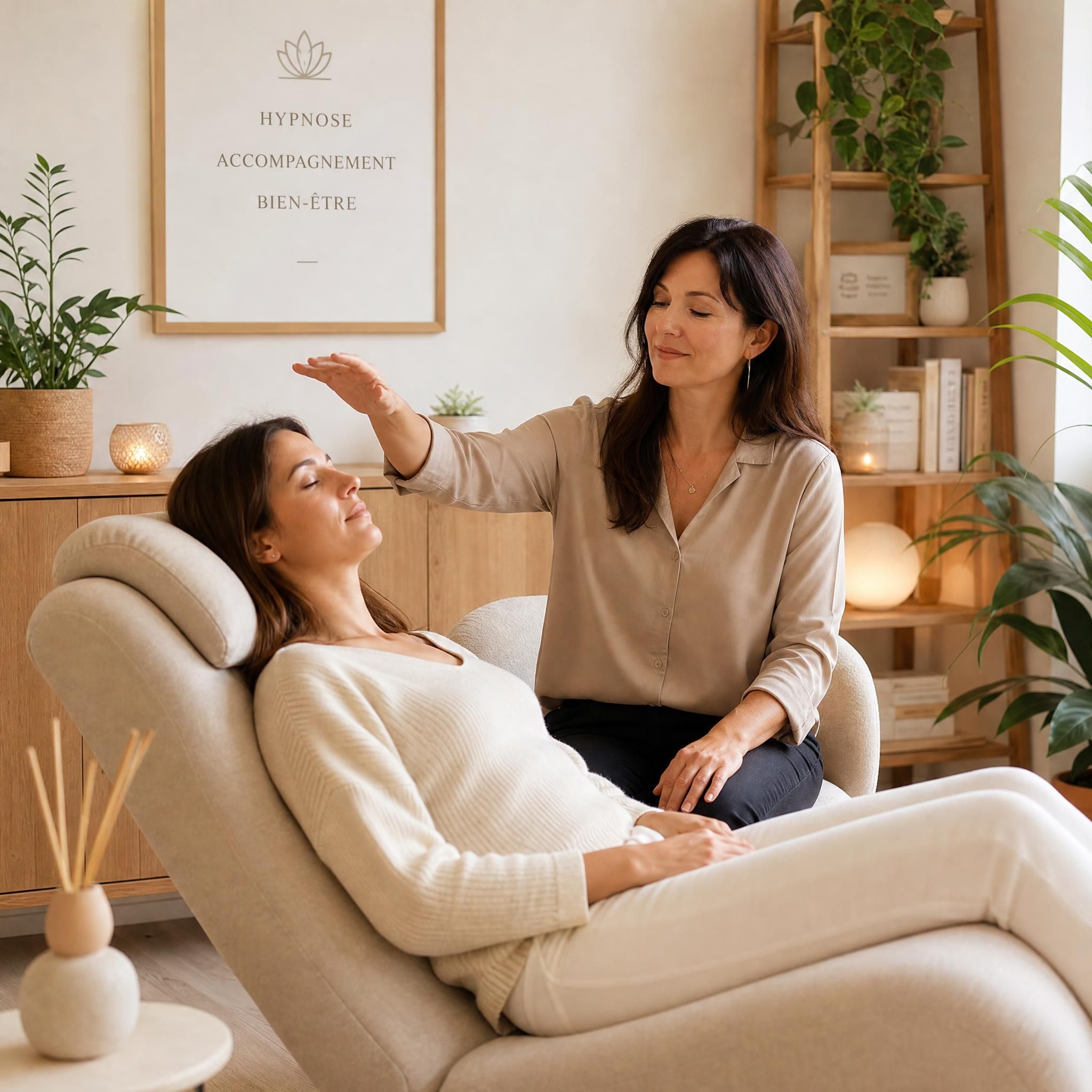 Praticienne en hypnose dans un cabinet moderne et chaleureux, tons beige et bois clair, plantes vertes, lumière naturelle douce, accompagnant un patient en état de détente profonde, plan moyen
