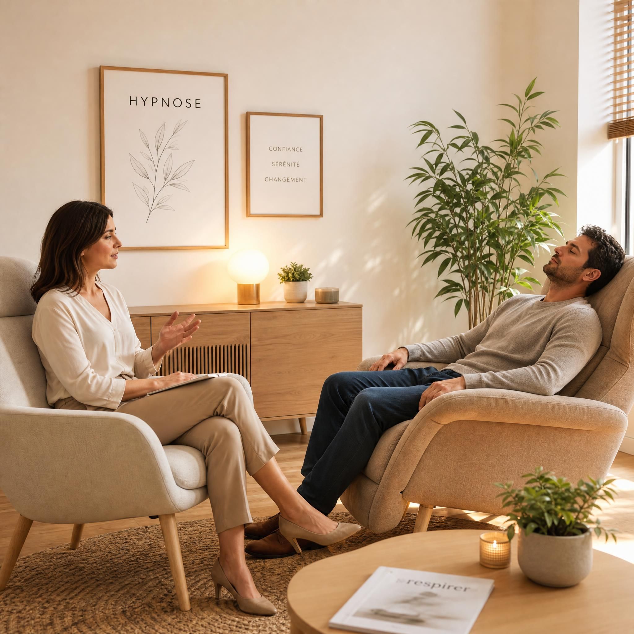 Cabinet d'hypnose moderne et chaleureux aux tons beige et bois clair, praticienne en consultation avec un patient détendu dans un fauteuil confortable, lumière naturelle douce