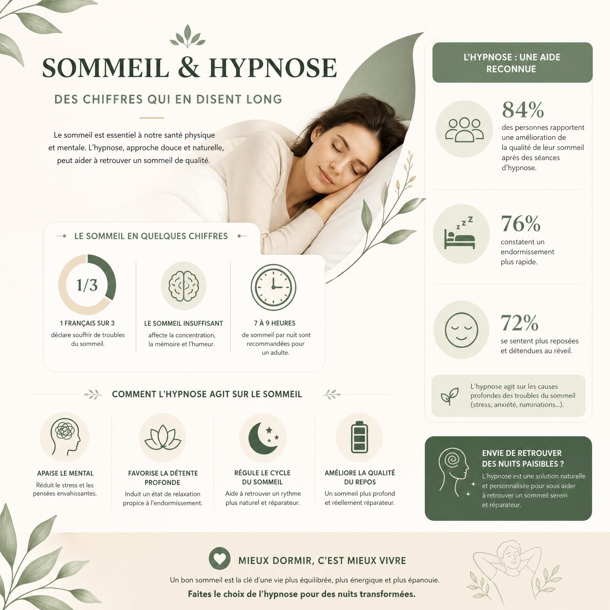 Infographie sobre et élégante représentant des statistiques sur le sommeil et l'hypnose, tons doux beige et vert, style médical bienveillant, format horizontal