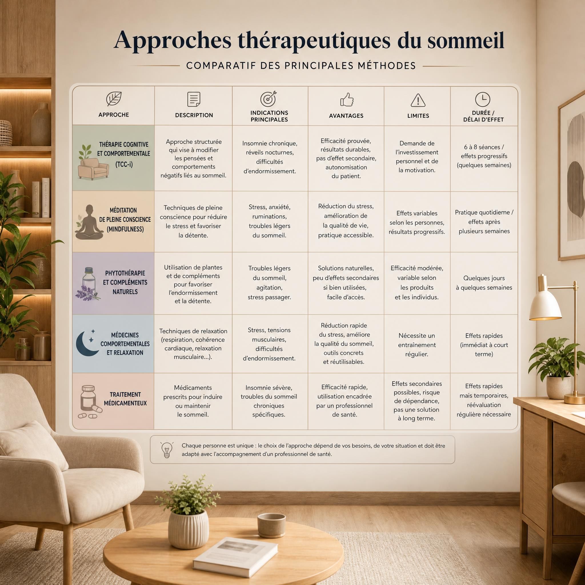 Tableau comparatif illustré des approches thérapeutiques du sommeil, ambiance cabinet moderne chaleureux, tons beige et bois clair — plan large