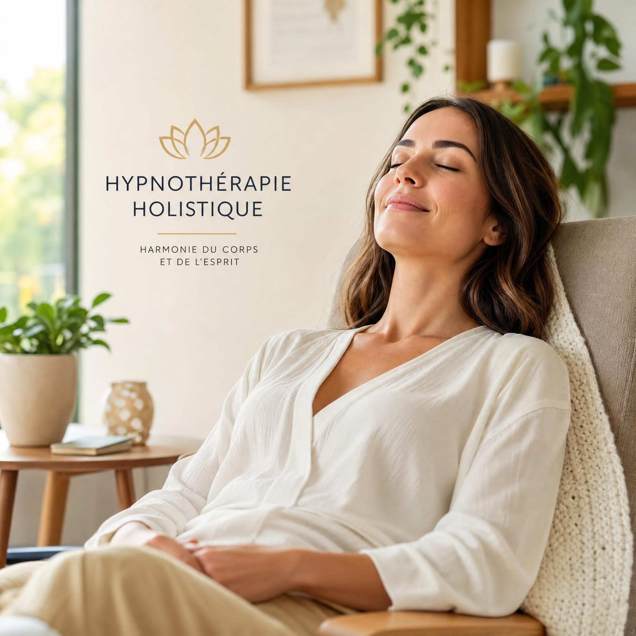 personne en état de sérénité après une séance d'hypnothérapie holistique, lumière naturelle, expression apaisée