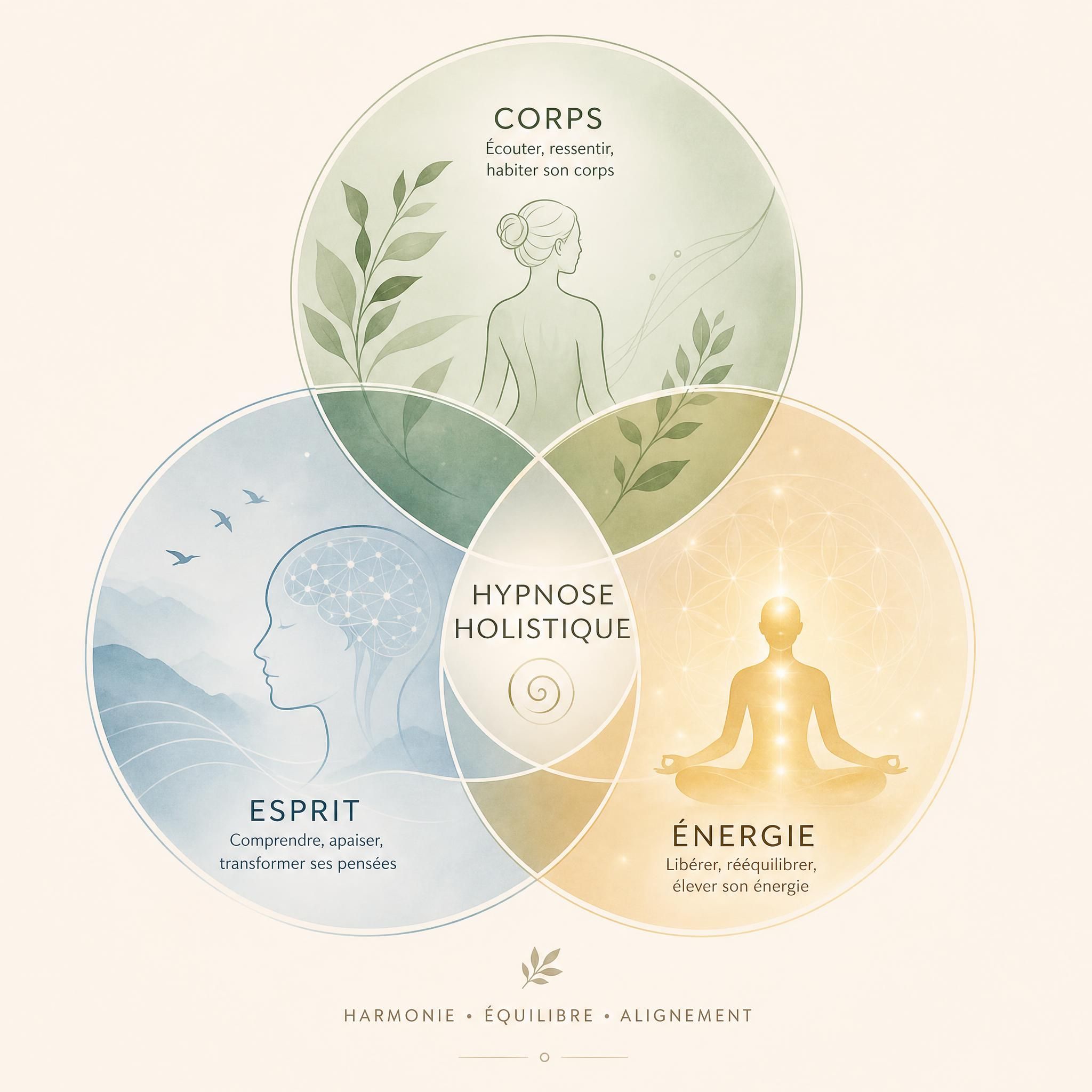 illustration symbolique des trois dimensions corps esprit énergie en hypnose holistique, cercles entrelacés, couleurs douces