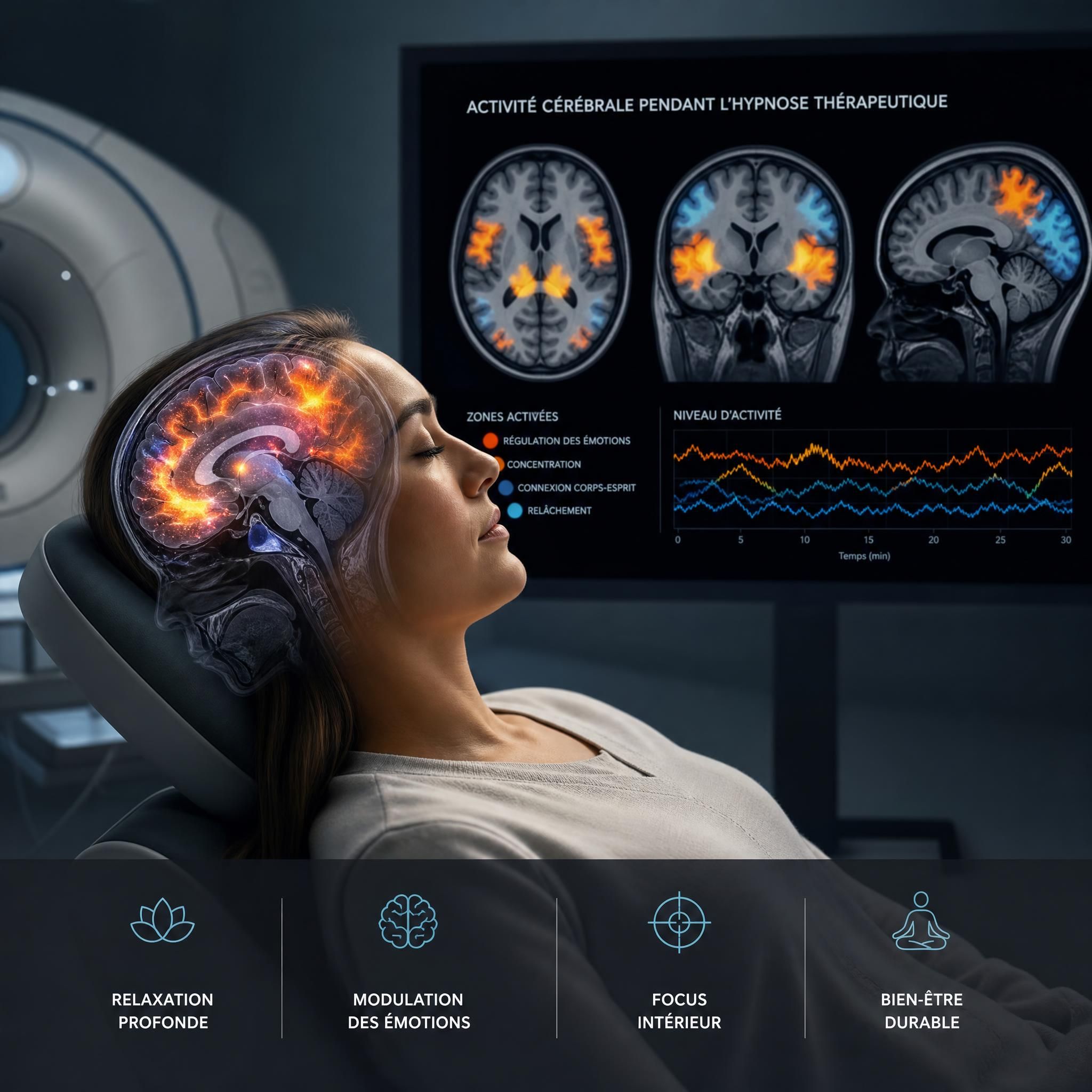 cerveau en IRM fonctionnelle montrant l'activité cérébrale pendant une séance d'hypnose thérapeutique