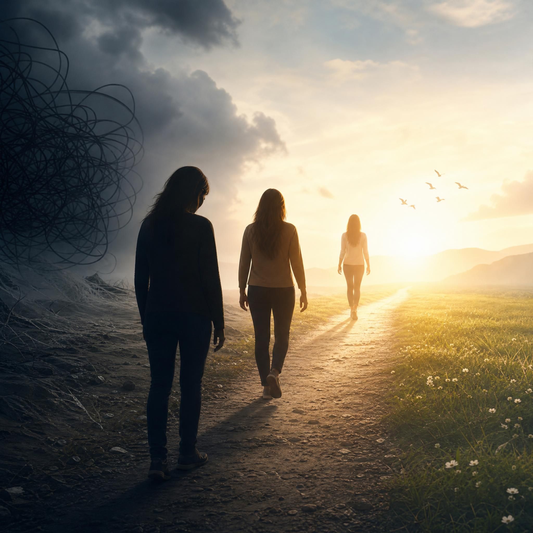 Trois silhouettes de personnes en chemin vers la lumière, symbolisant la transformation intérieure et la libération de l'anxiété