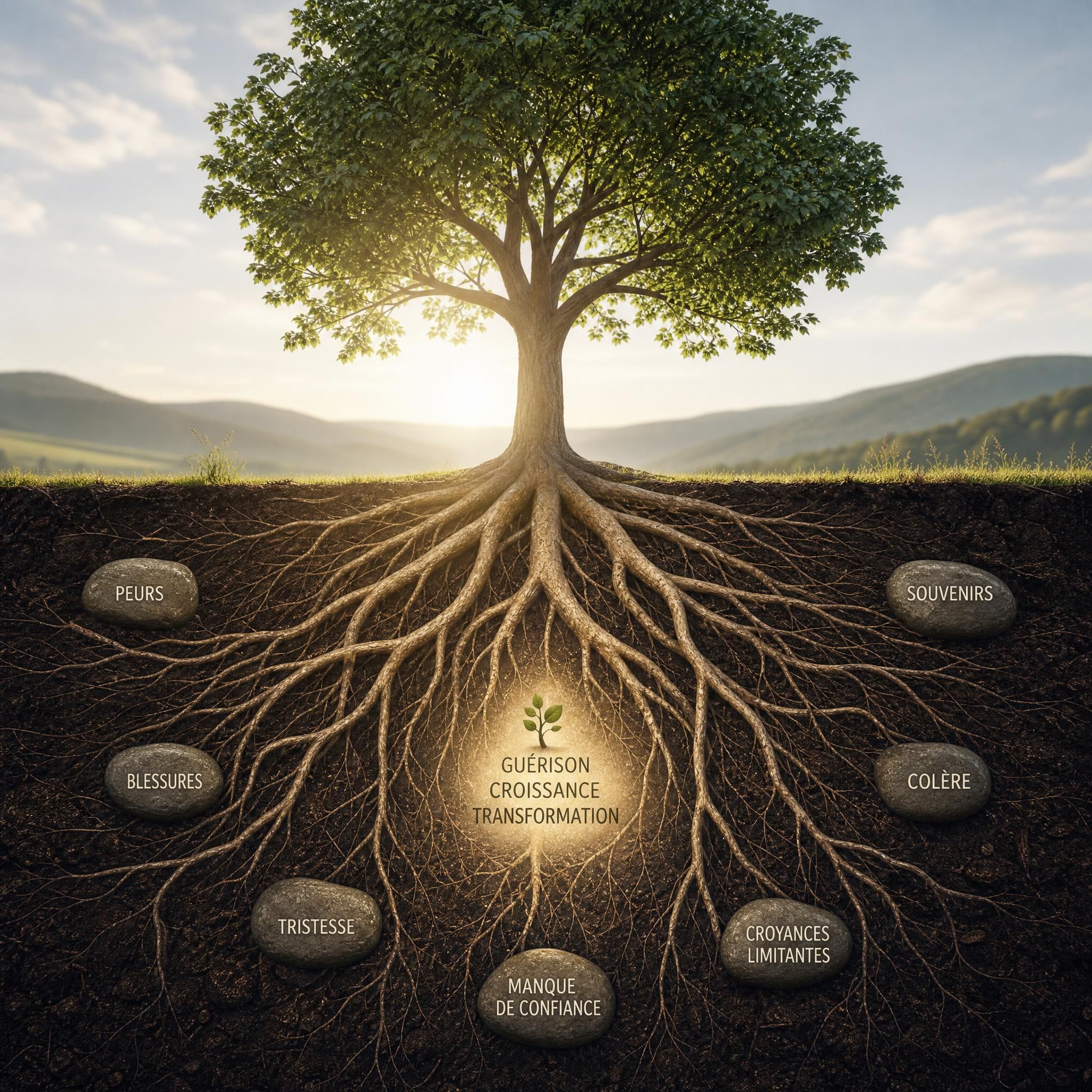 Métaphore visuelle d'un arbre dont les racines profondes se déploient sous terre, symbolisant le travail en profondeur sur les mémoires émotionnelles et la croissance intérieure