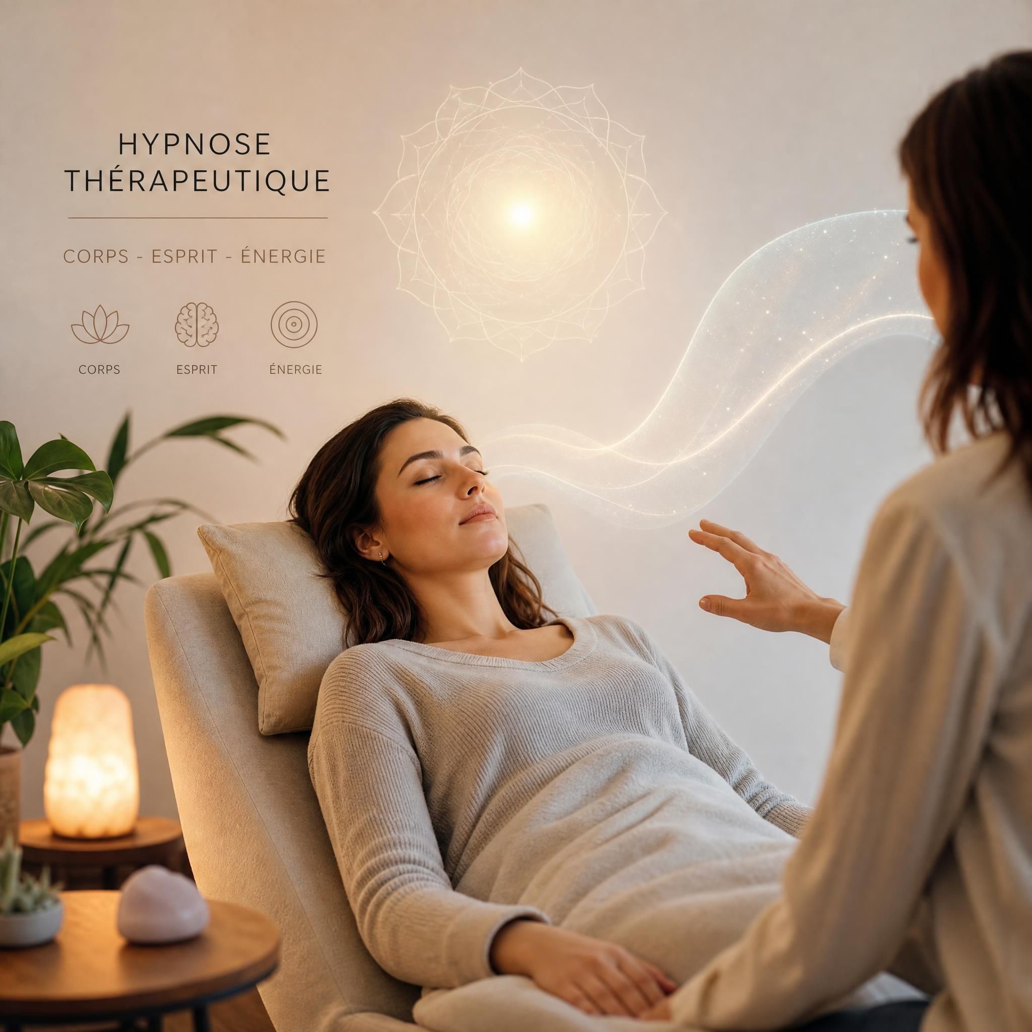 Femme en état de relaxation profonde lors d'une séance d'hypnose thérapeutique, lumière douce et apaisante, approche corps-esprit-énergie
