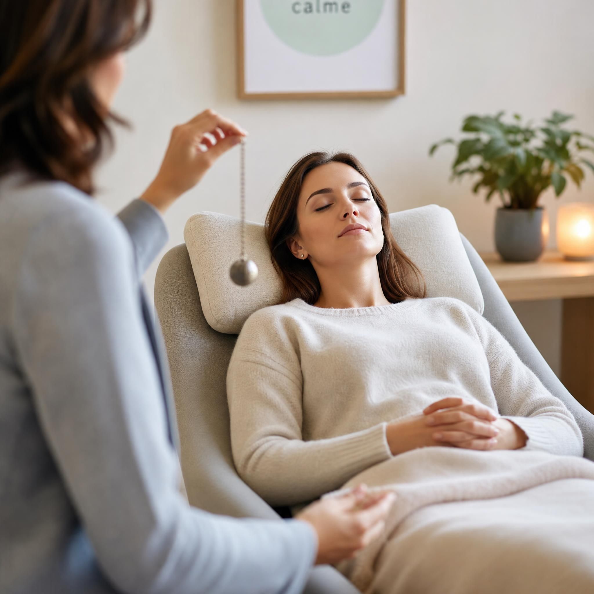 Femme en état de relaxation profonde lors d'une séance d'hypnose thérapeutique pour l'anxiété