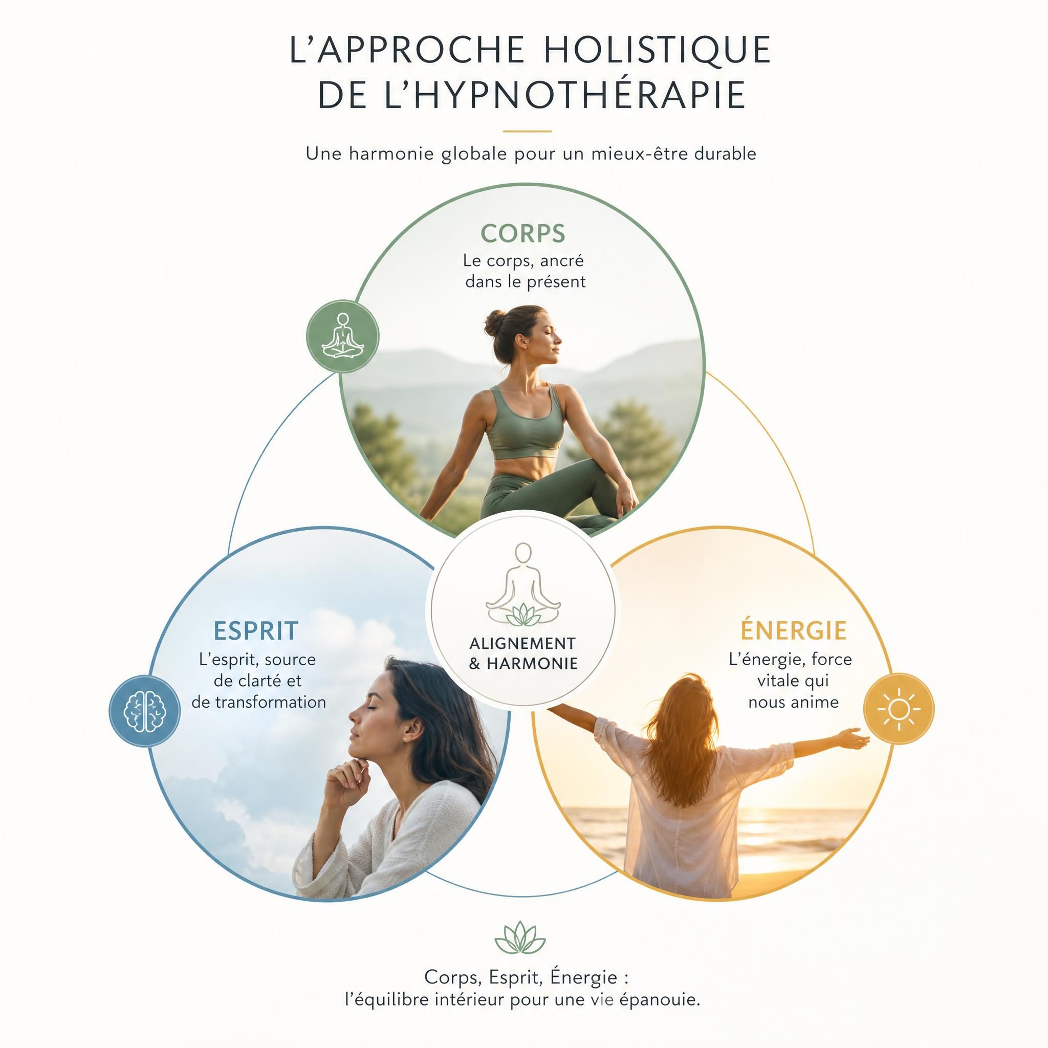 Représentation visuelle des trois dimensions Corps Esprit Énergie dans l'approche holistique de l'hypnothérapie