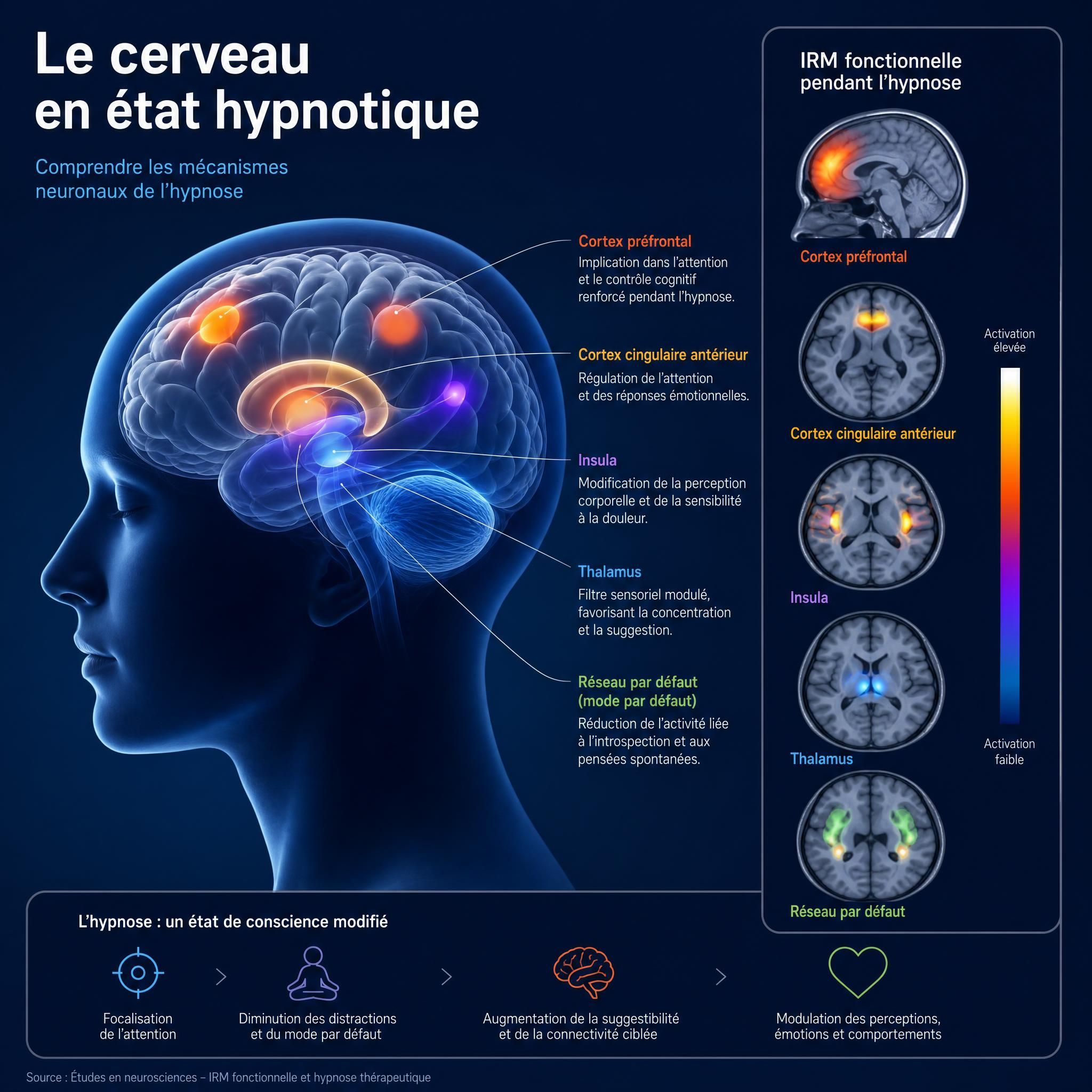 Illustration scientifique du cerveau en état hypnotique avec zones d'activation neuronale, IRM fonctionnelle, neurosciences et hypnose thérapeutique