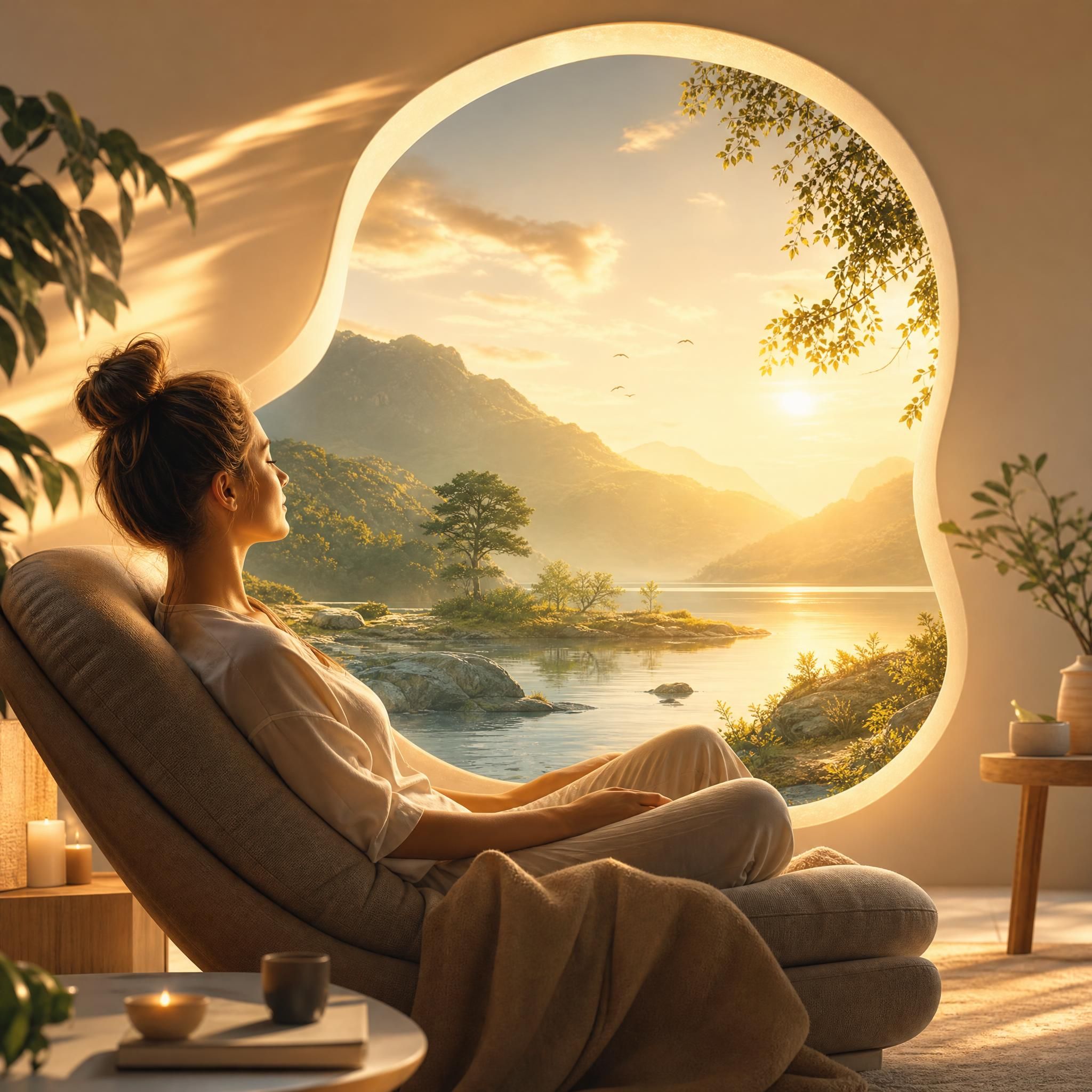 personne en état de relaxation profonde visualisant un paysage intérieur serein, lumière dorée apaisante