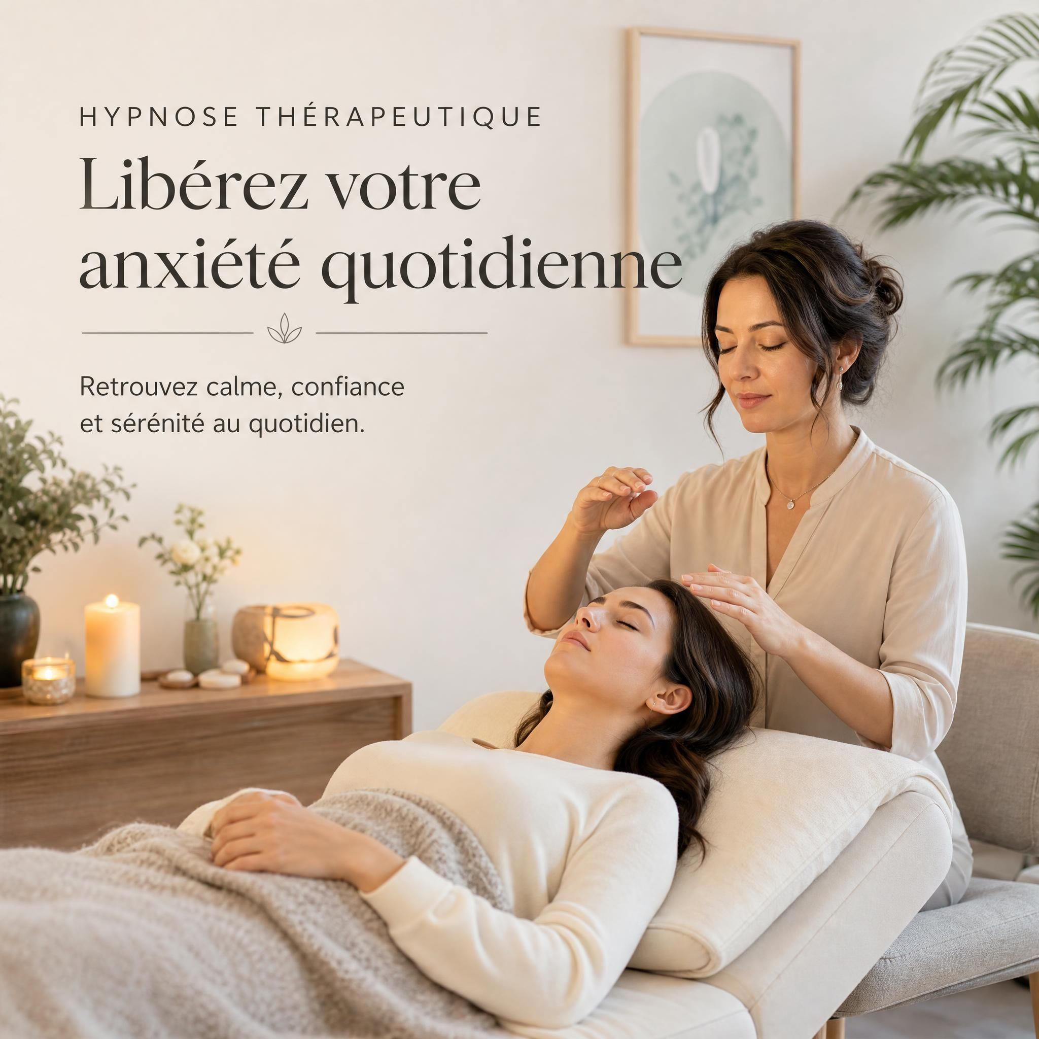 femme sereine pratiquant une séance d'hypnose thérapeutique pour libérer l'anxiété quotidienne, ambiance douce et apaisante