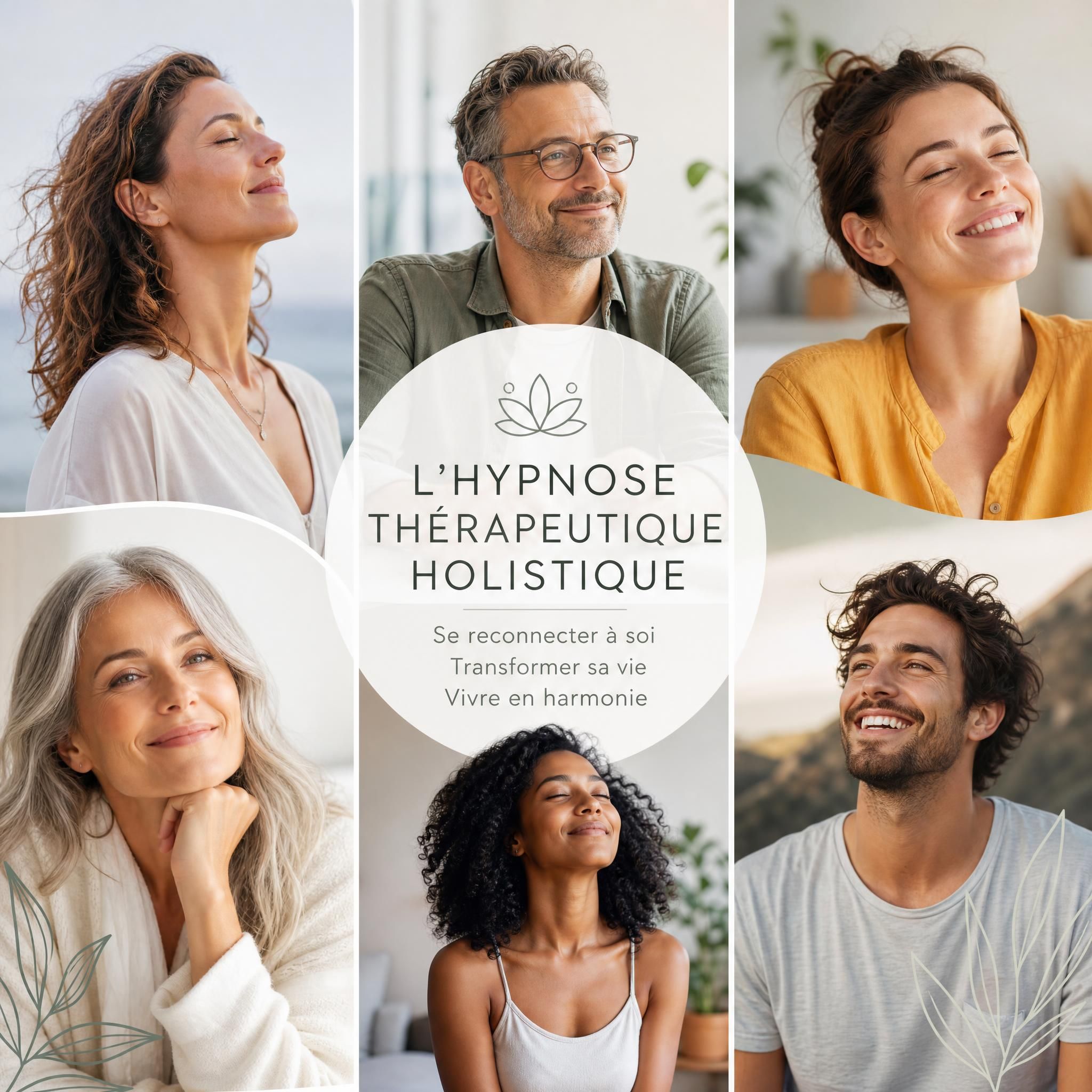 collage de portraits de personnes apaisées et épanouies après un accompagnement en hypnose thérapeutique holistique