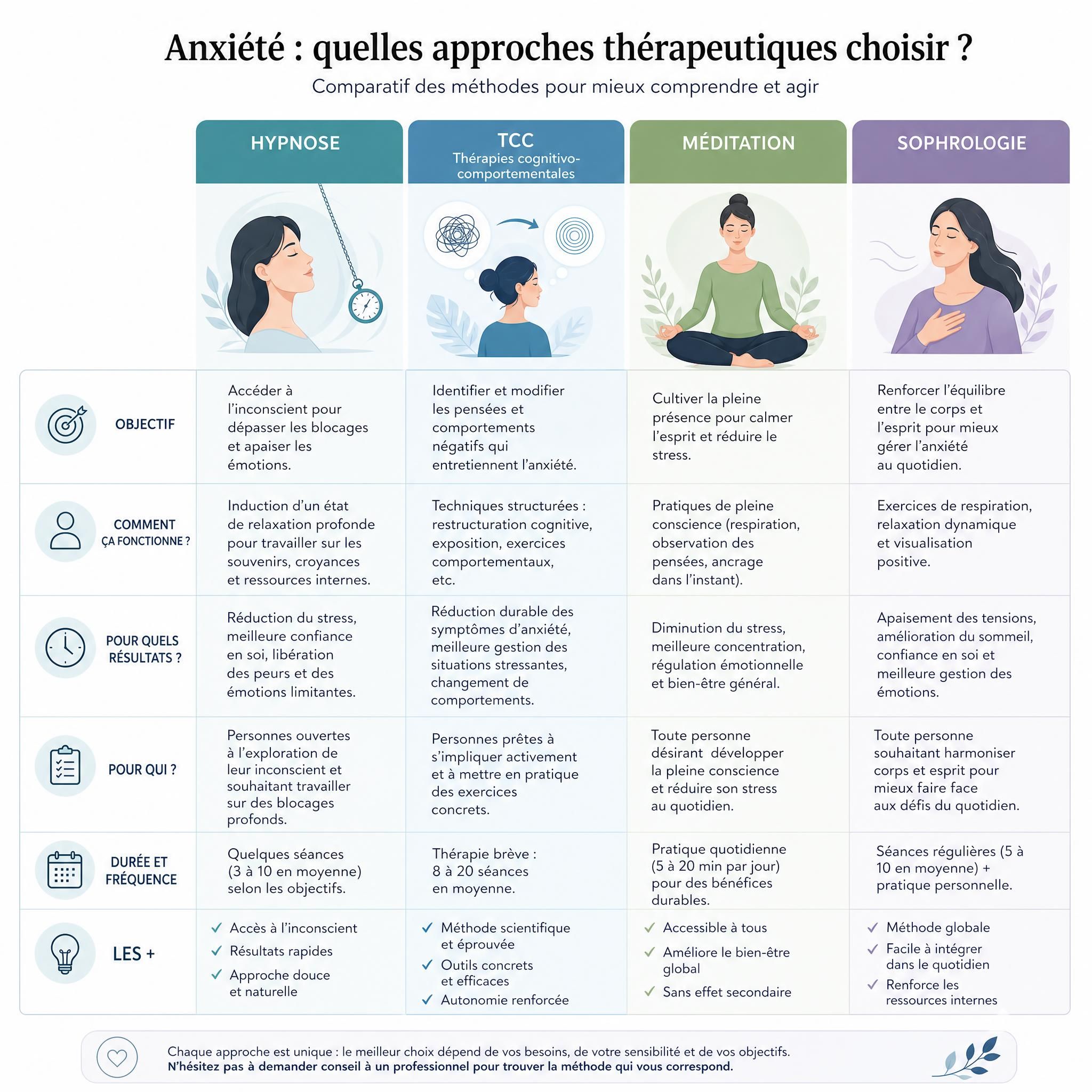 Tableau comparatif illustré des différentes approches thérapeutiques pour l'anxiété : hypnose, TCC, méditation, sophrologie