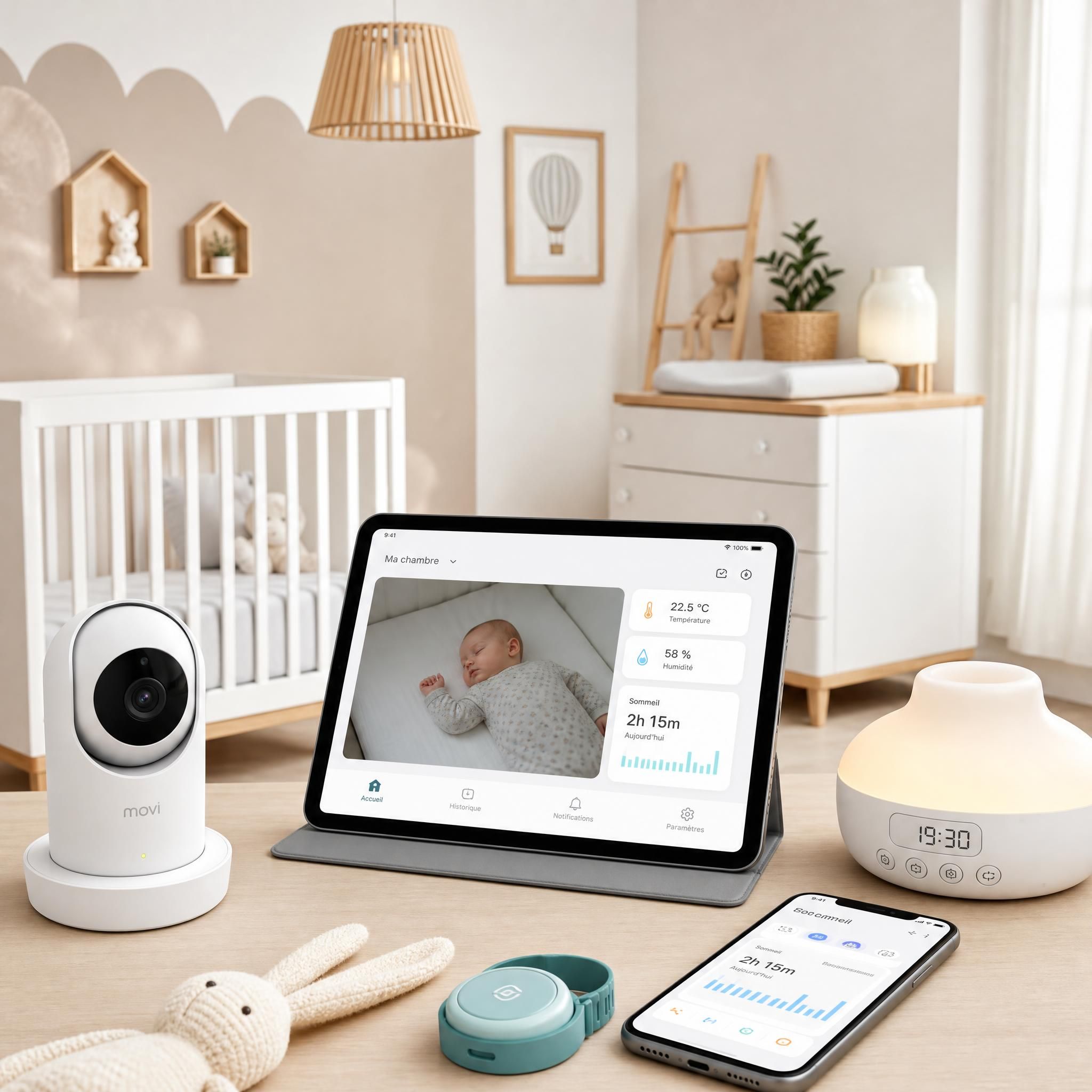 Nurserie moderne et connectée avec babyphone vidéo, application de suivi sur tablette et accessoires bébé high-tech disposés harmonieusement