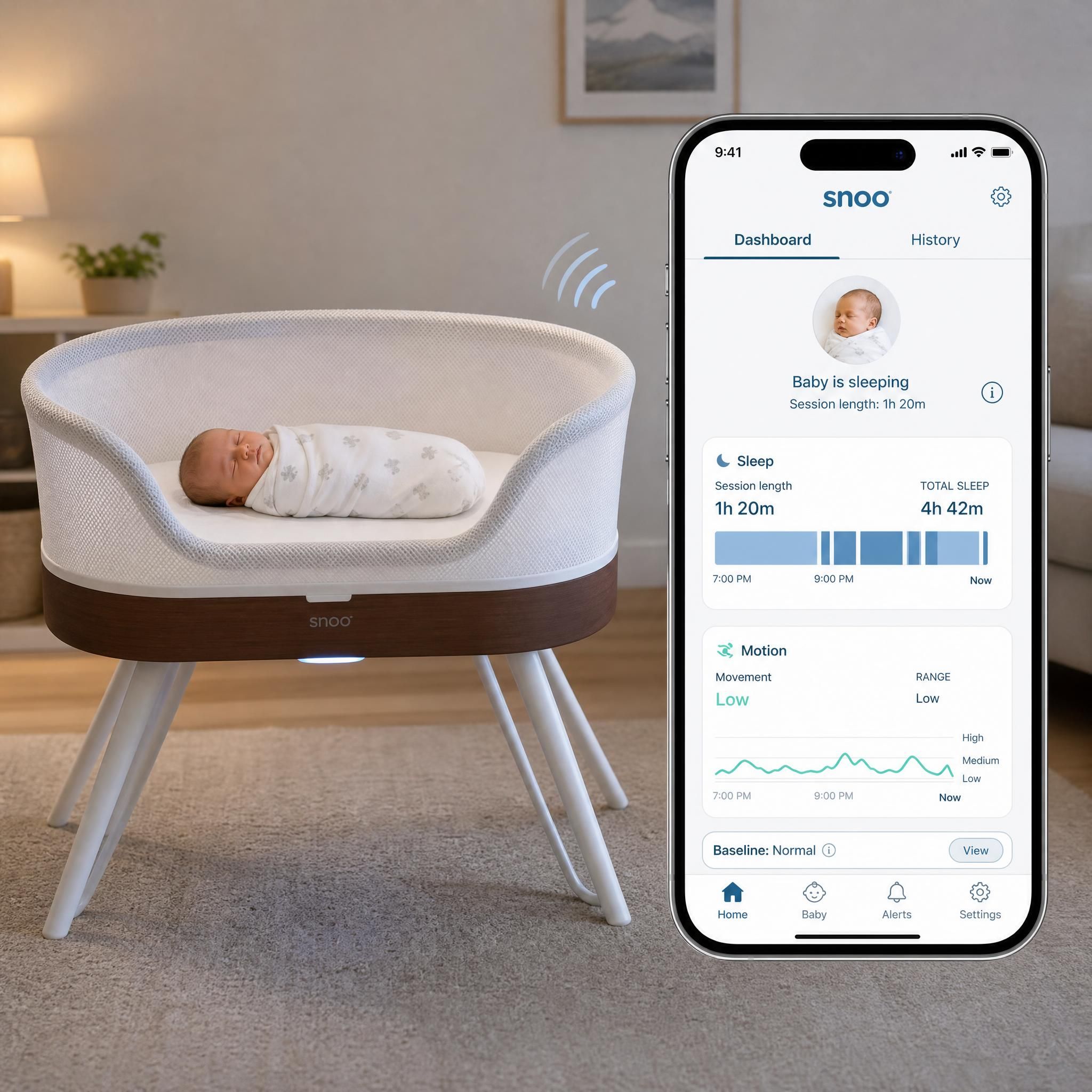 Berceau connecté SNOO avec application smartphone affichant les données de sommeil et de mouvement du bébé en temps réel