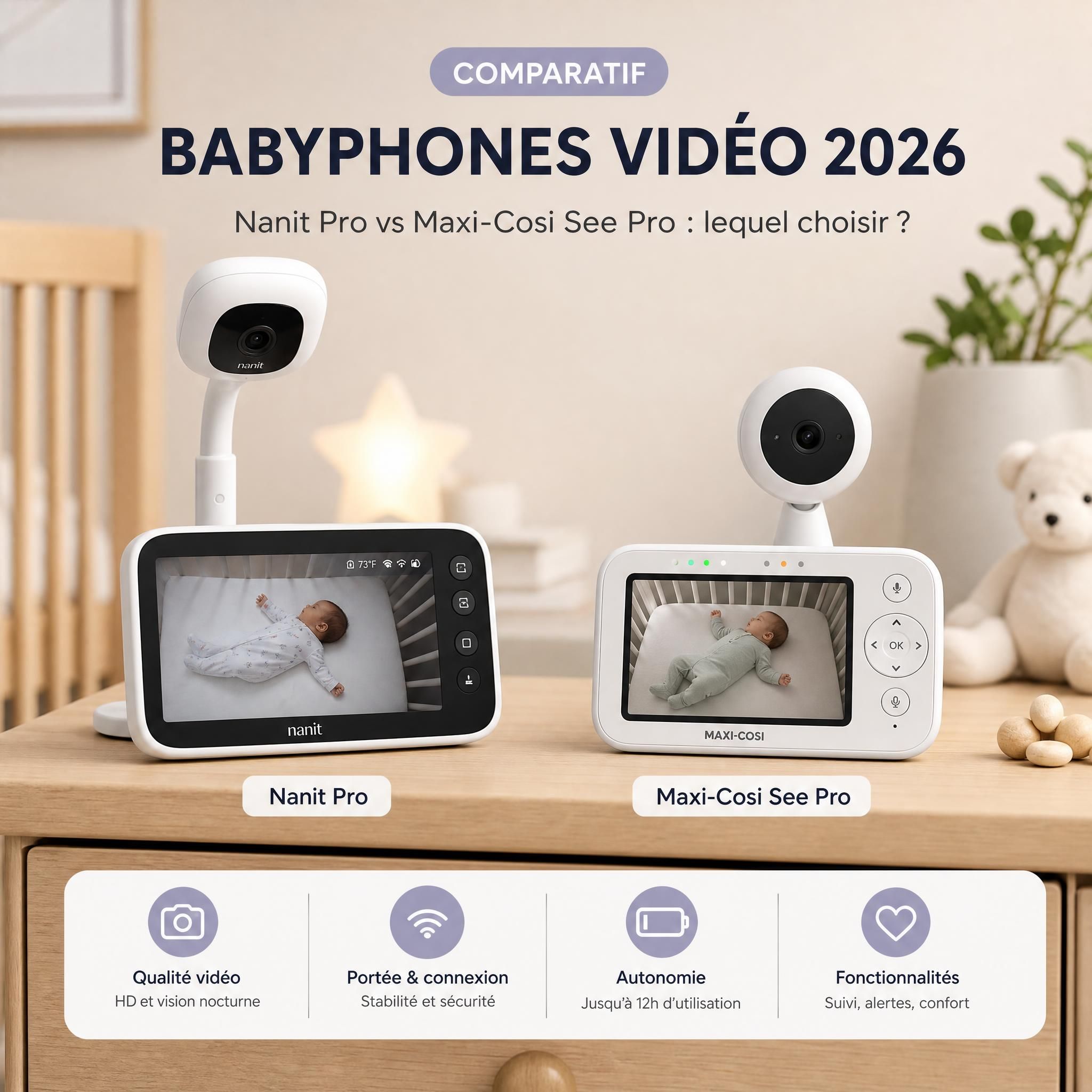Comparatif visuel des meilleurs babyphones vidéo 2026 avec moniteur Nanit Pro et Maxi Cosi See Pro posés sur une table de nuit de chambre bébé