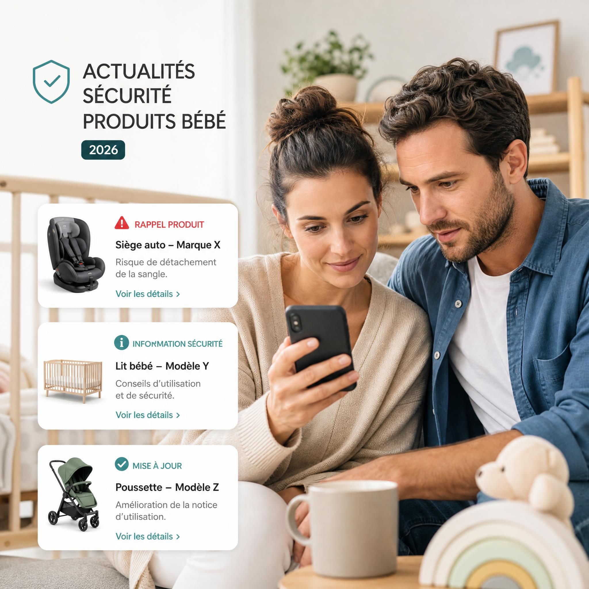Parents attentifs vérifiant les actualités sécurité produits bébé sur smartphone en 2026