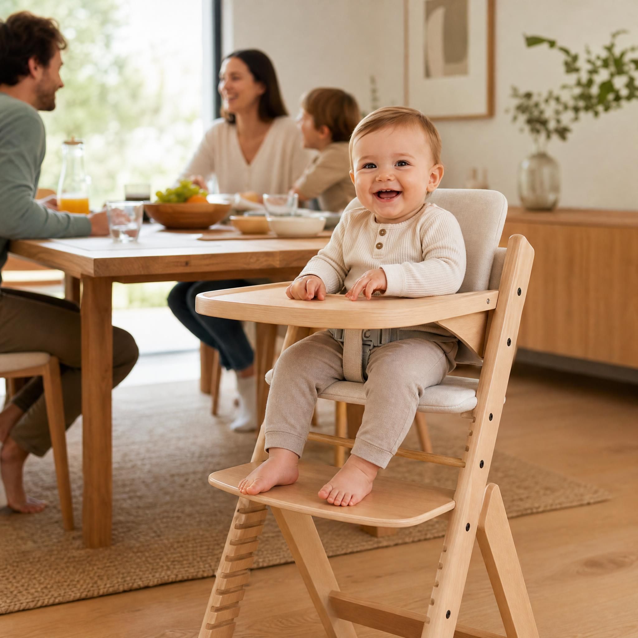 Bébé souriant installé dans une chaise haute évolutive en bois naturel, table familiale en arrière-plan