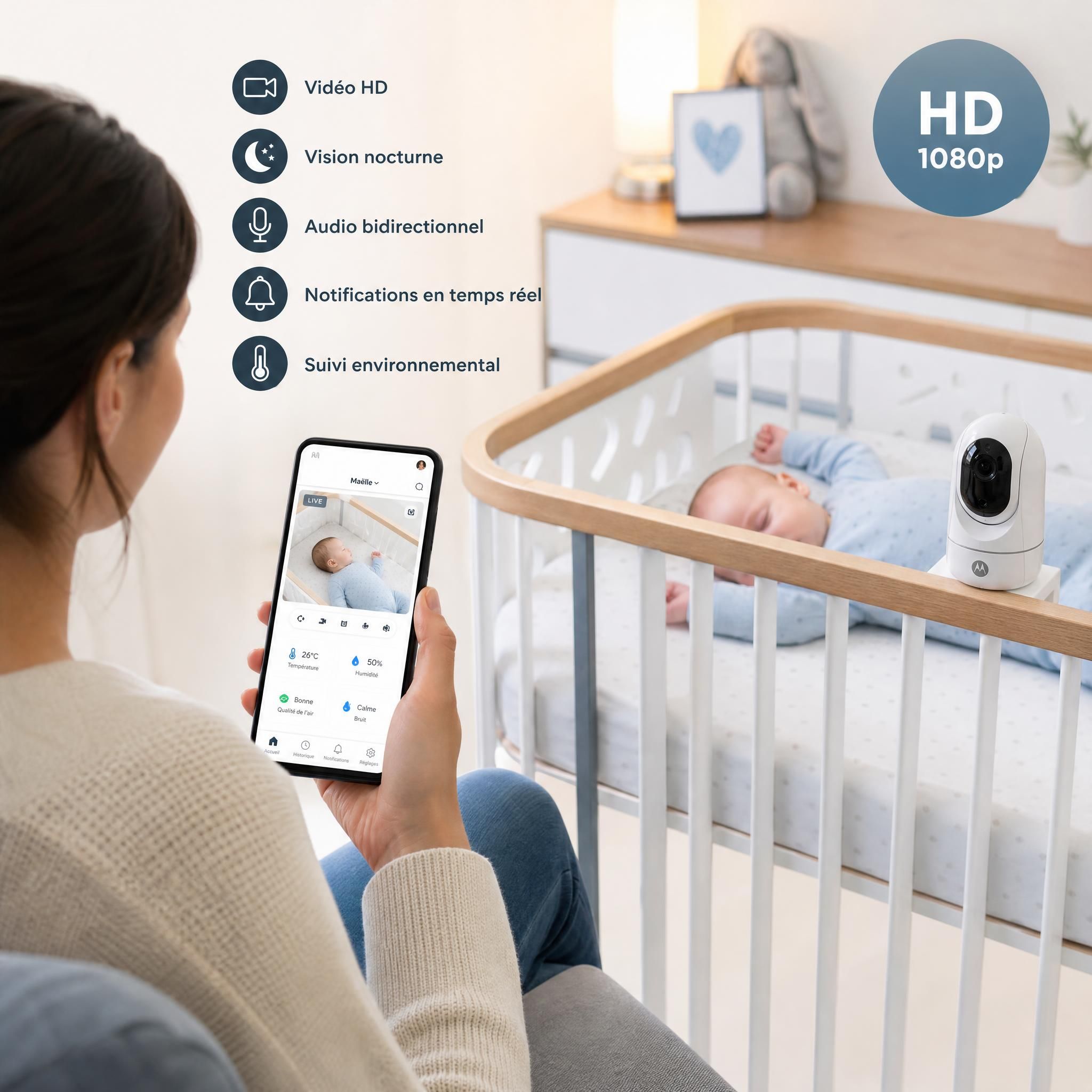 Parent utilisant une application de suivi bébé sur smartphone à côté d'un berceau connecté avec moniteur vidéo haute définition