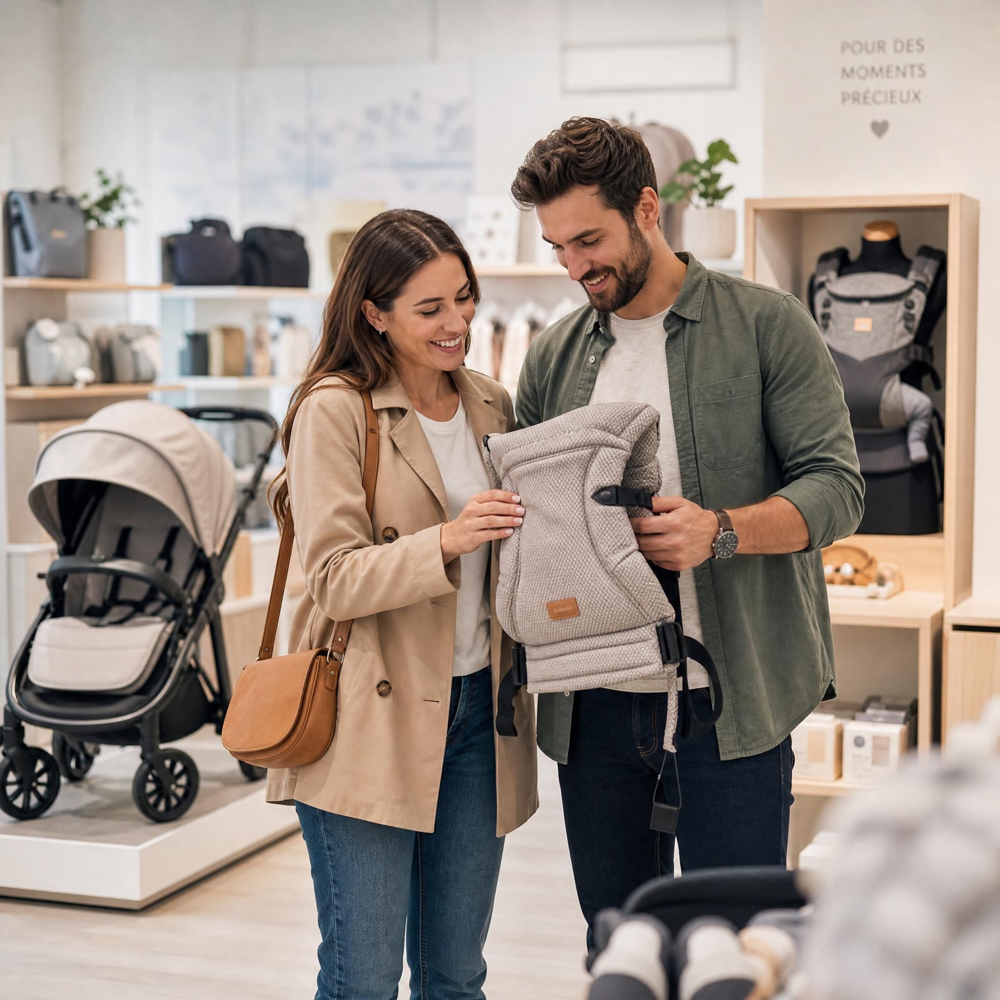 Parents heureux comparant des accessoires de puériculture en magasin, poussette et porte-bébé en arrière-plan