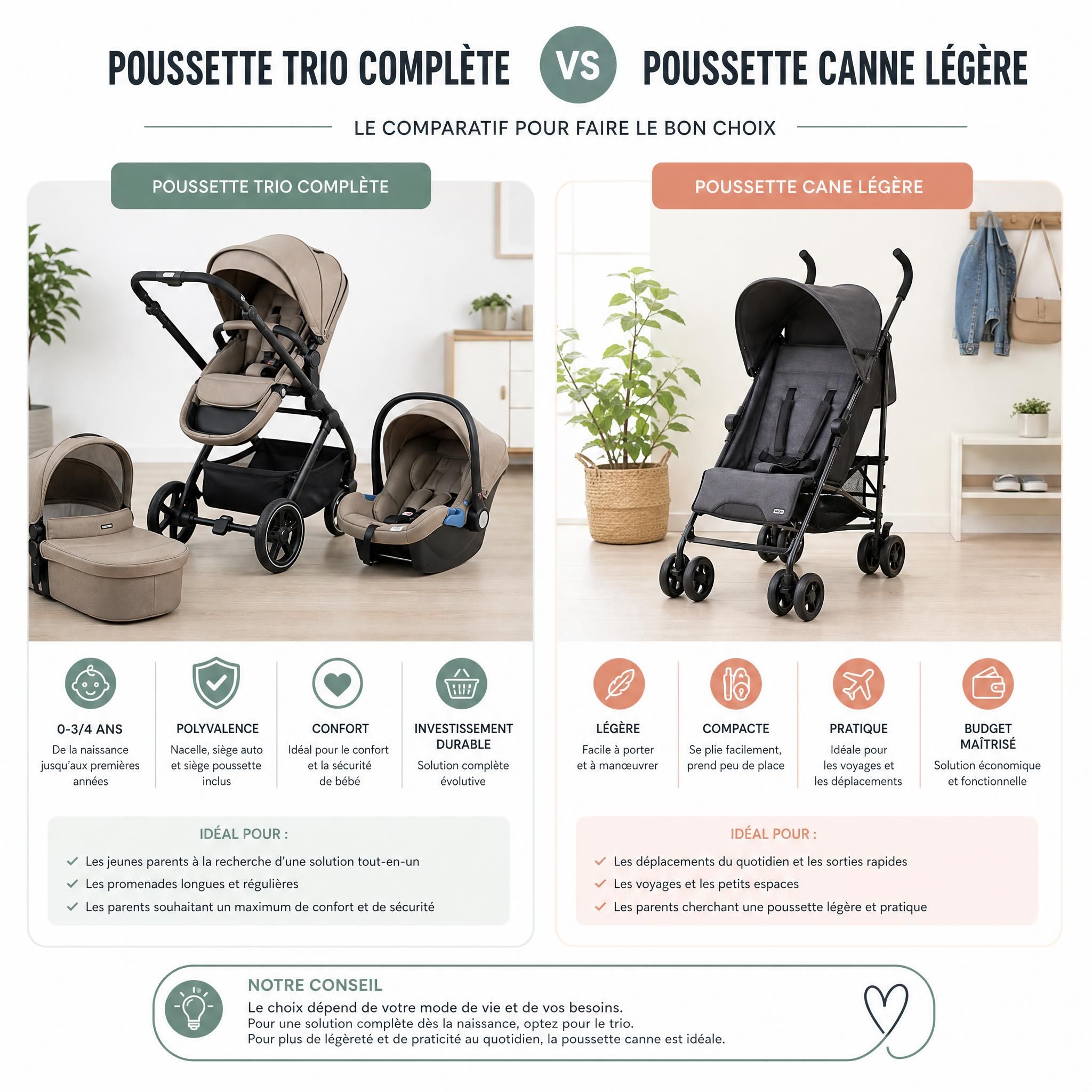 Comparatif côte à côte d'une poussette trio complète et d'une poussette canne légère pour bébé