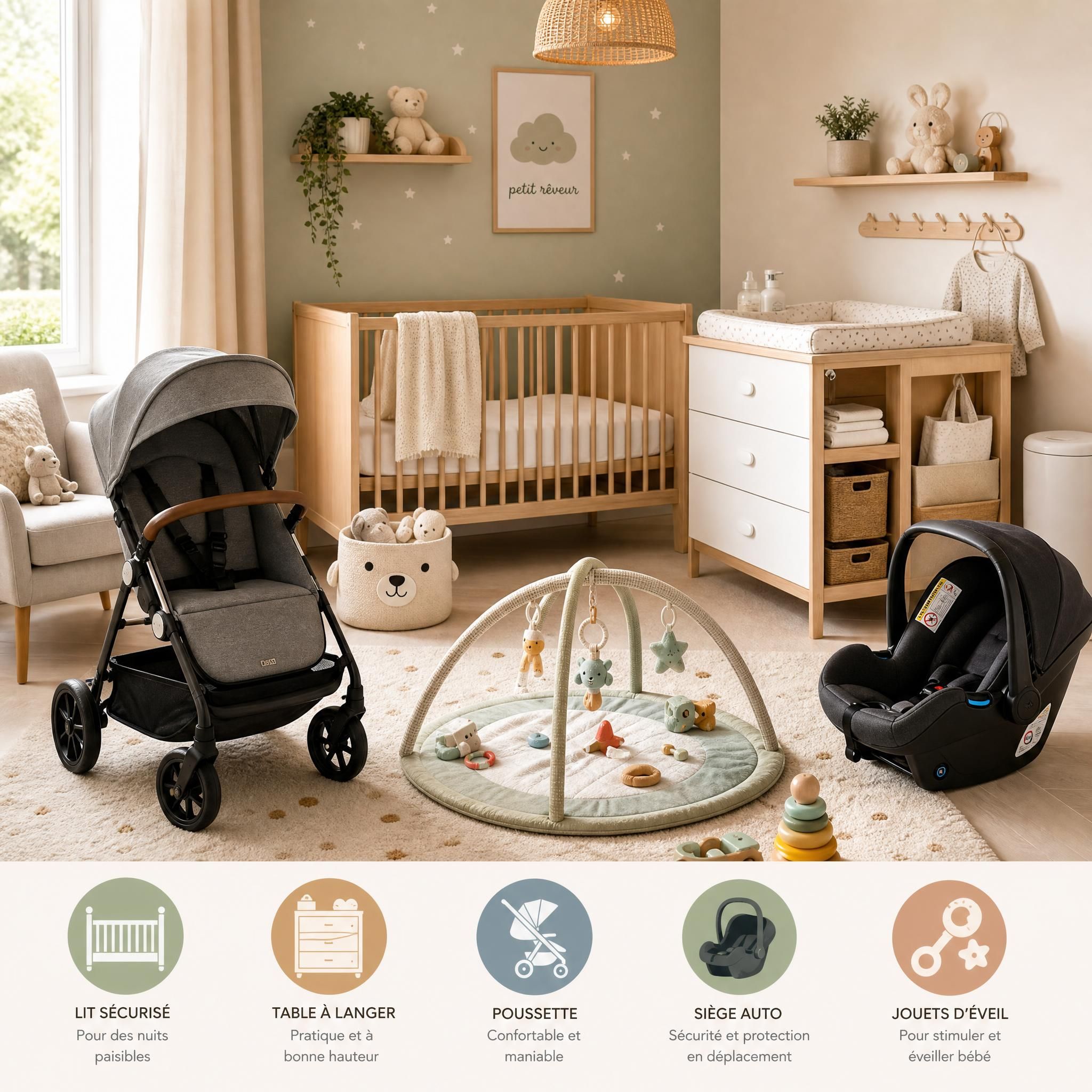 Chambre bébé bien organisée avec les équipements essentiels : lit, table à langer, poussette, siège auto, jouets d'éveil, ambiance douce et sécurisée