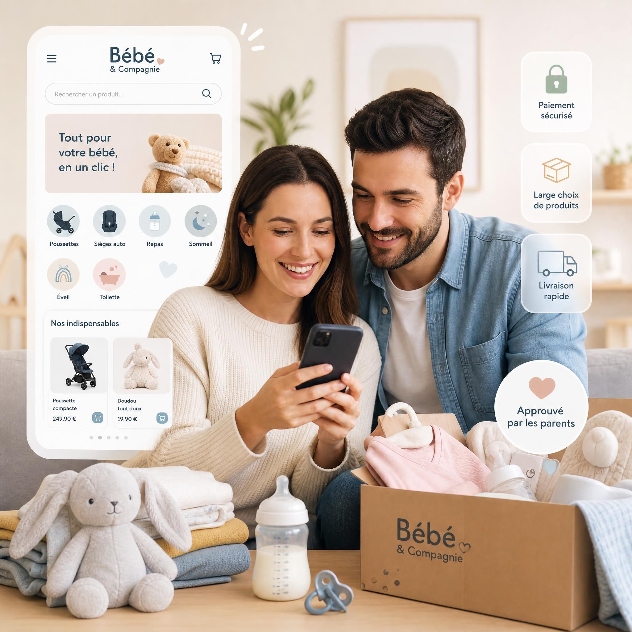 Achat en ligne bébé e-commerce parents smartphone accessoires puériculture livraison