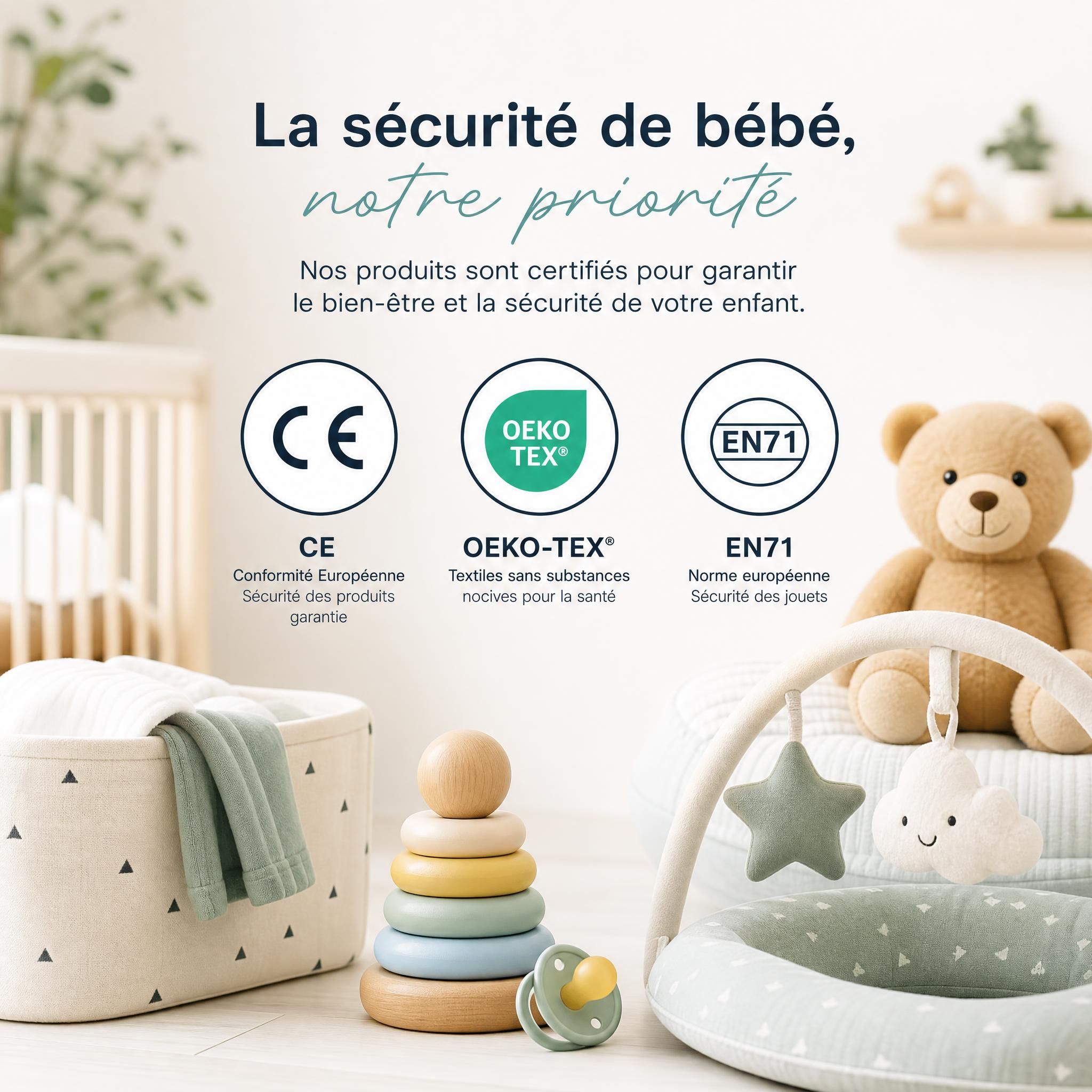 Logos de certifications sécurité bébé CE, OEKO-TEX, EN71 sur des produits de puériculture en ligne