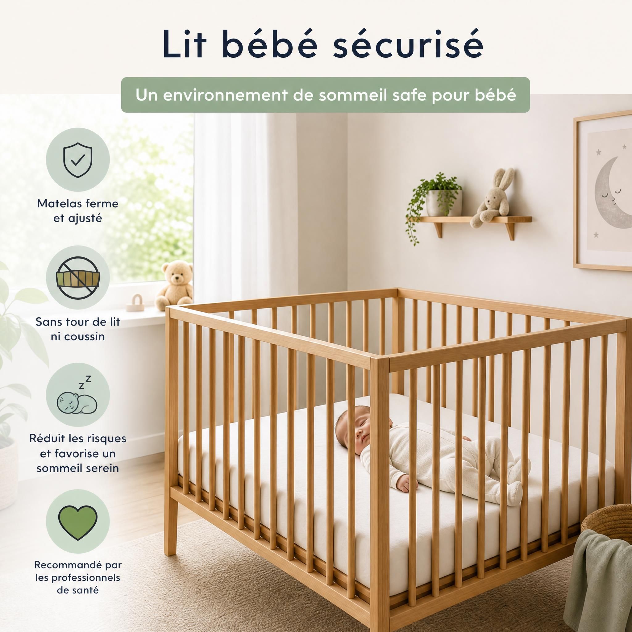Lit bébé sécurisé avec matelas ferme, sans tour de lit ni coussin - environnement de sommeil safe pour nourrisson