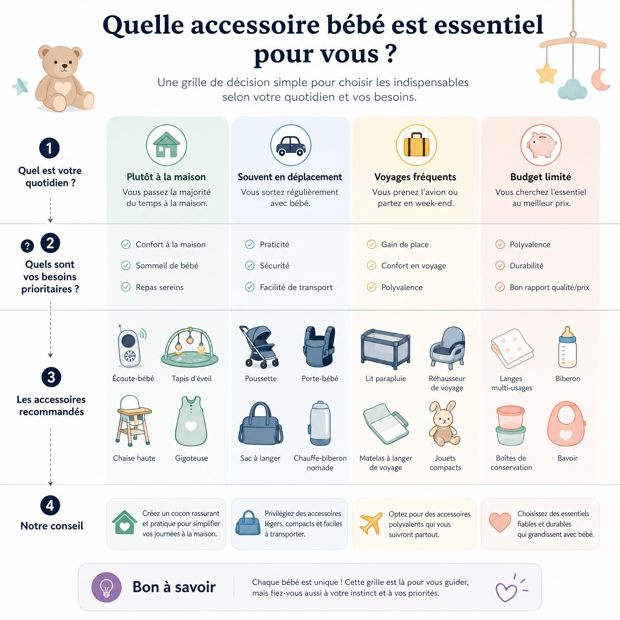 Infographie illustrant une grille de décision pour choisir les accessoires bébé essentiels, avec icônes colorées