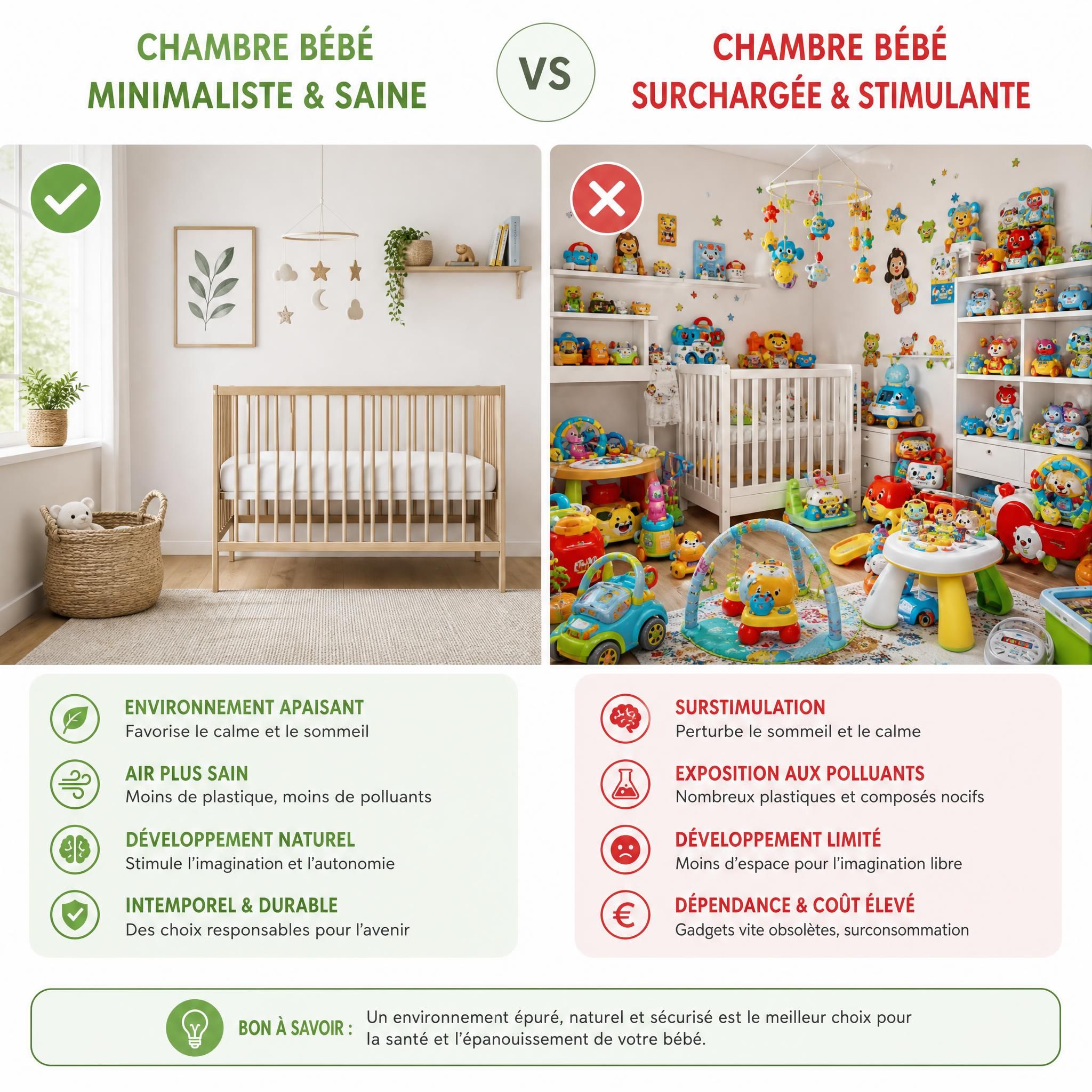 Comparatif visuel entre une chambre bébé minimaliste et saine versus une chambre surchargée de gadgets plastiques, avec codes couleurs vert/rouge