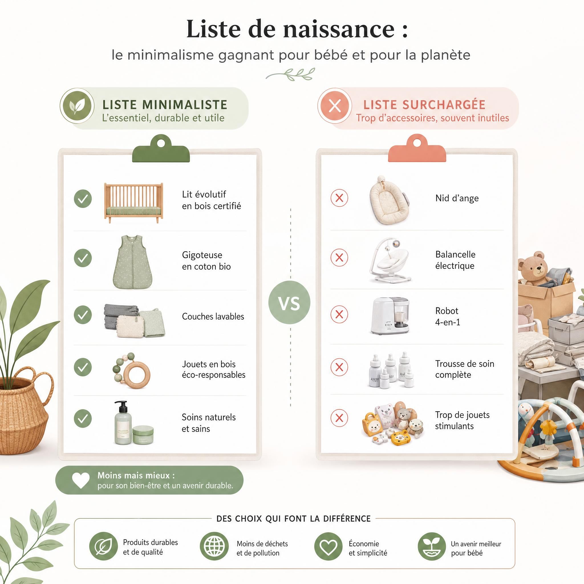 Illustration comparant une liste de naissance minimaliste vs une liste surchargée d'accessoires bébé inutiles, avec icônes éco-responsables