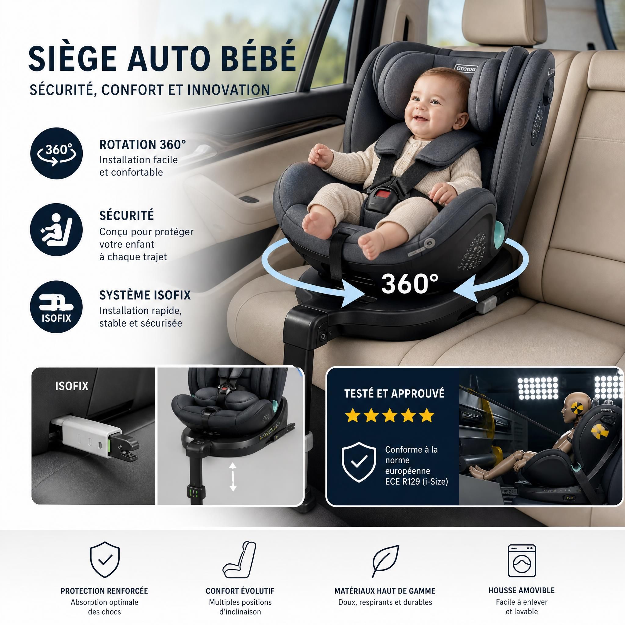 Siège auto bébé moderne avec système Isofix et rotation 360 degrés, test sécurité