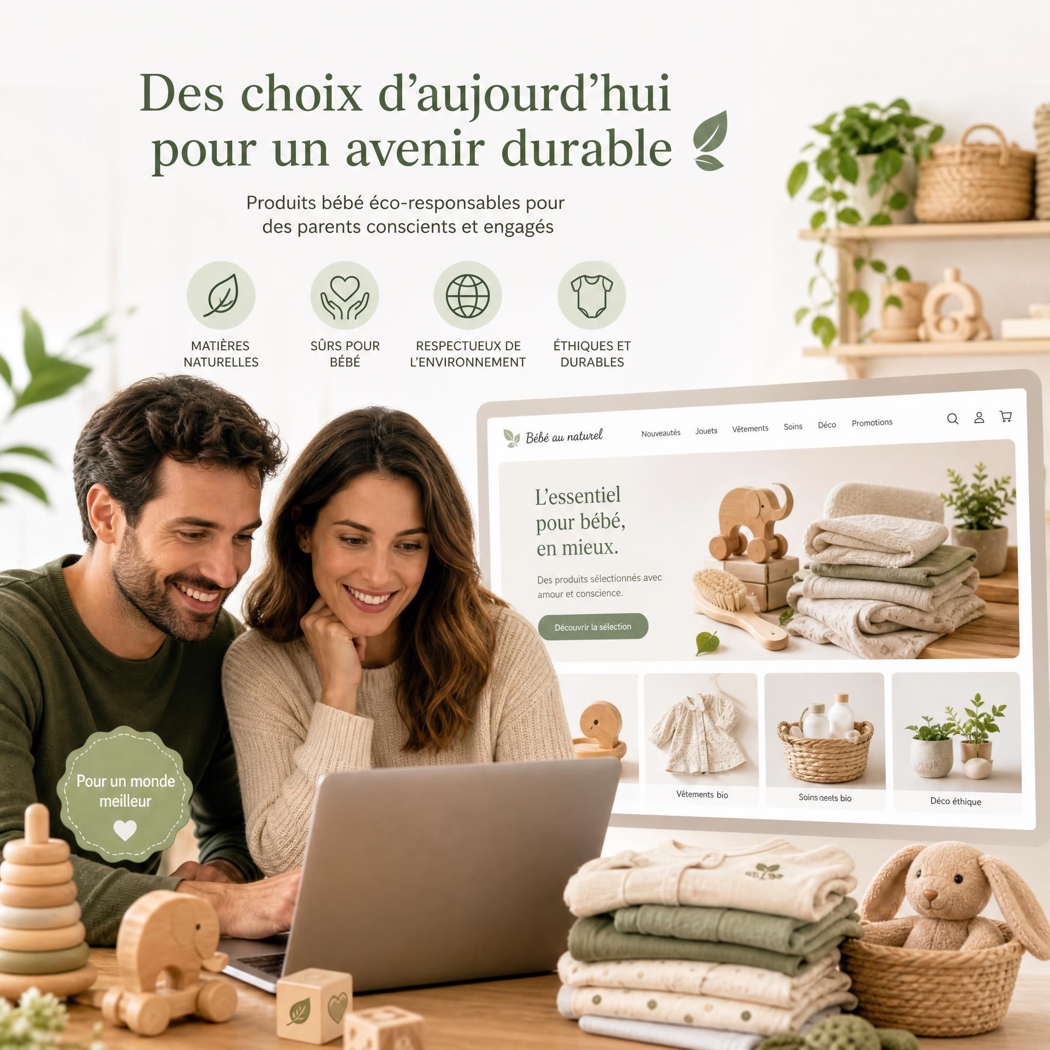 Parents conscients et responsables choisissant des produits bébé éco-responsables dans une boutique en ligne, entourés de jouets en bois naturel et vêtements biologiques