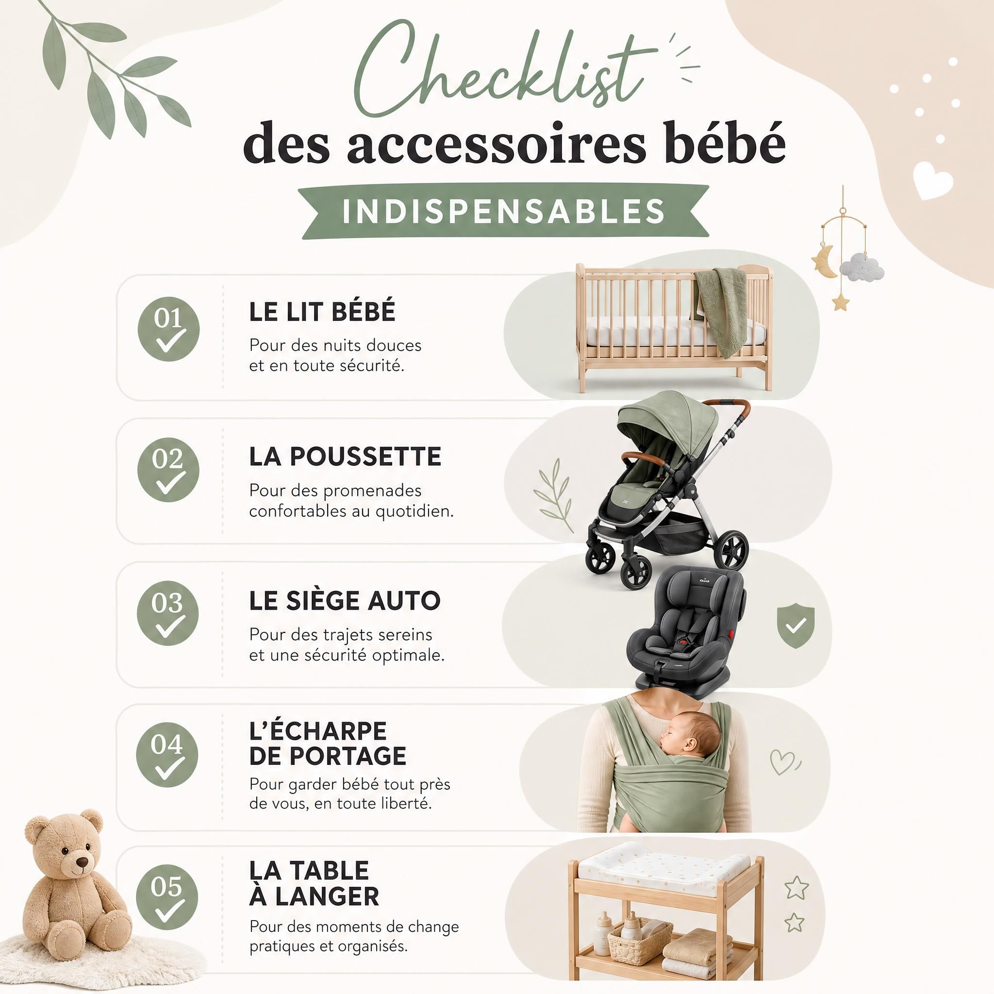 Checklist illustrée des accessoires bébé indispensables : lit, poussette, siège auto, écharpe de portage, table à langer