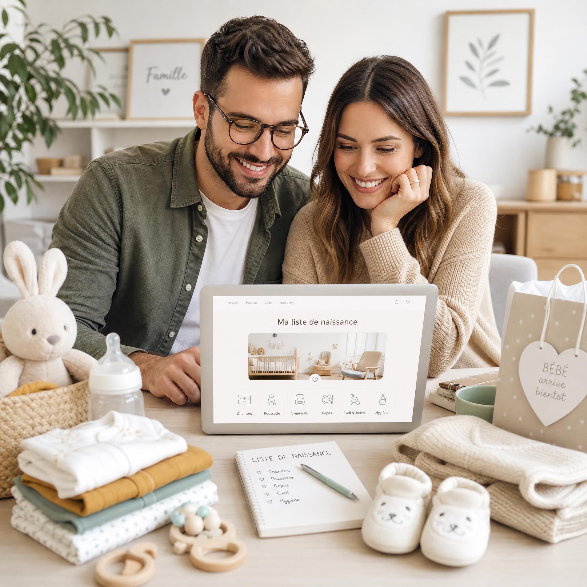 Jeune couple heureux créant leur liste de naissance en ligne sur leur ordinateur portable, entourés d'accessoires bébé