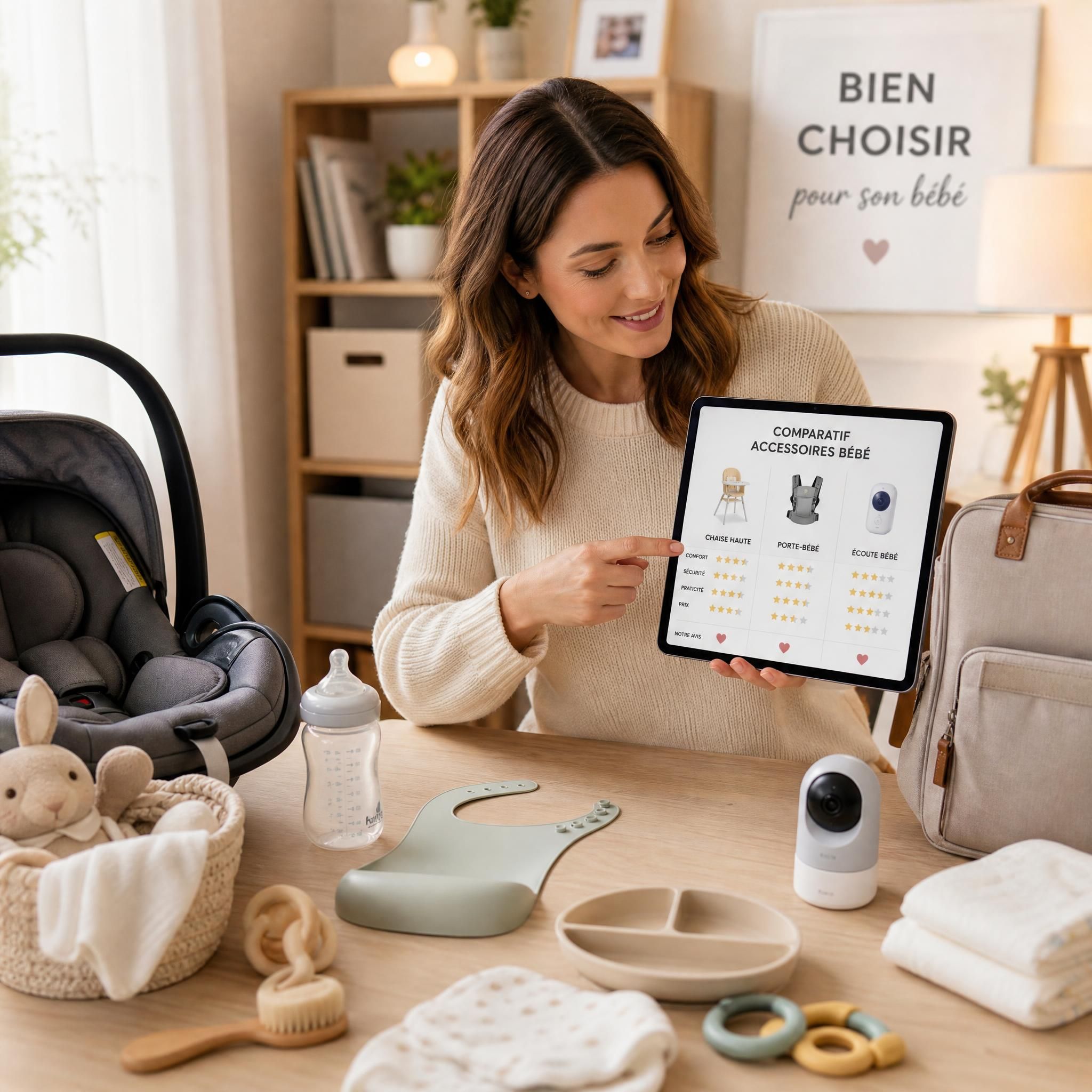 Parent expert comparant des accessoires bébé sur tablette avec des produits de puériculture disposés autour, ambiance chaleureuse et organisée
