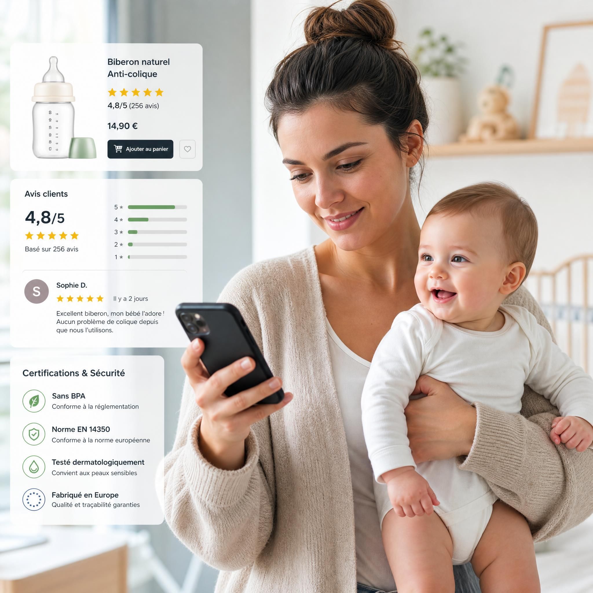 Maman utilisant son smartphone pour vérifier les avis et certifications d'un produit bébé sur un site e-commerce, bébé souriant dans les bras
