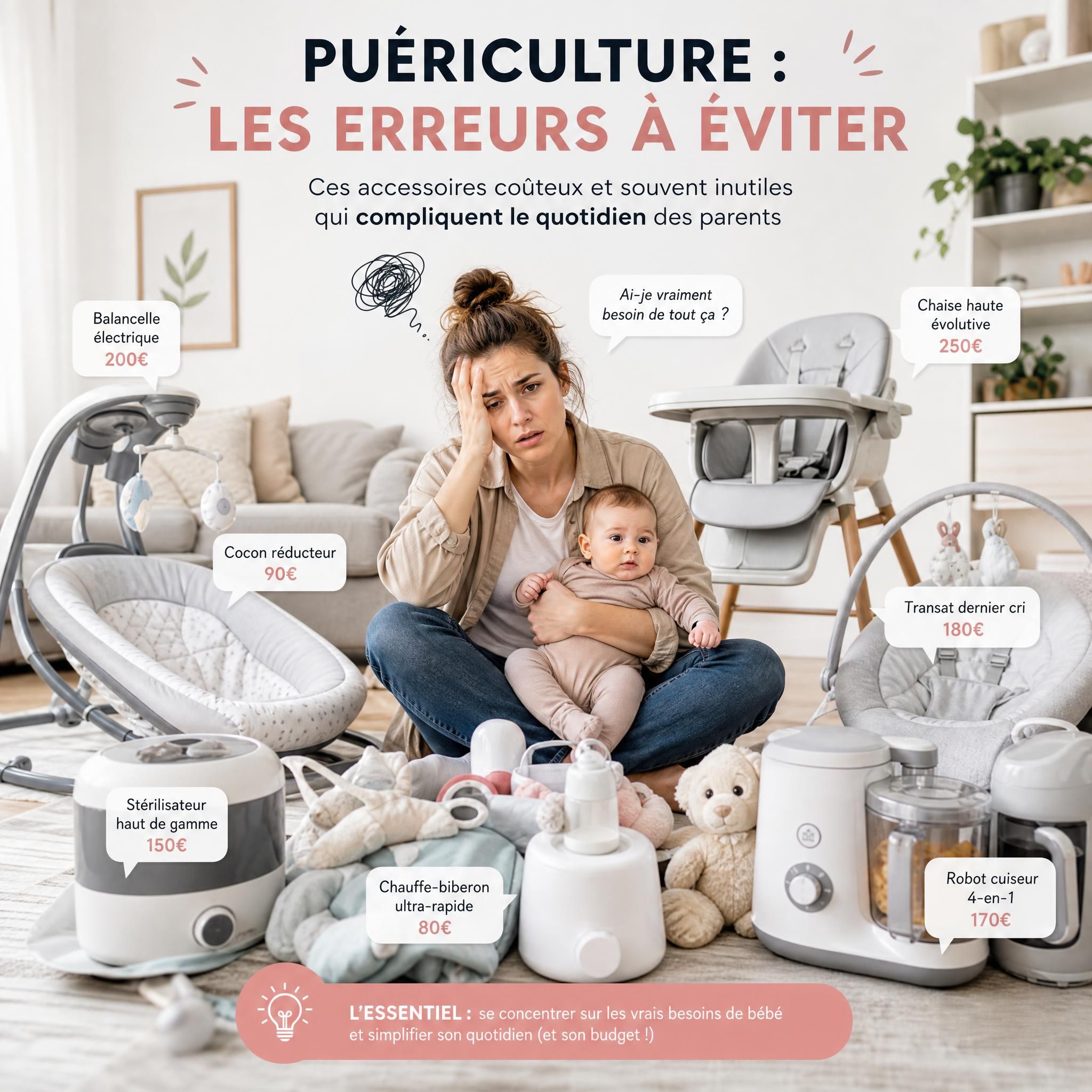 Jeune parent dépassé entouré d'accessoires bébé inutiles et coûteux - erreurs puériculture à éviter