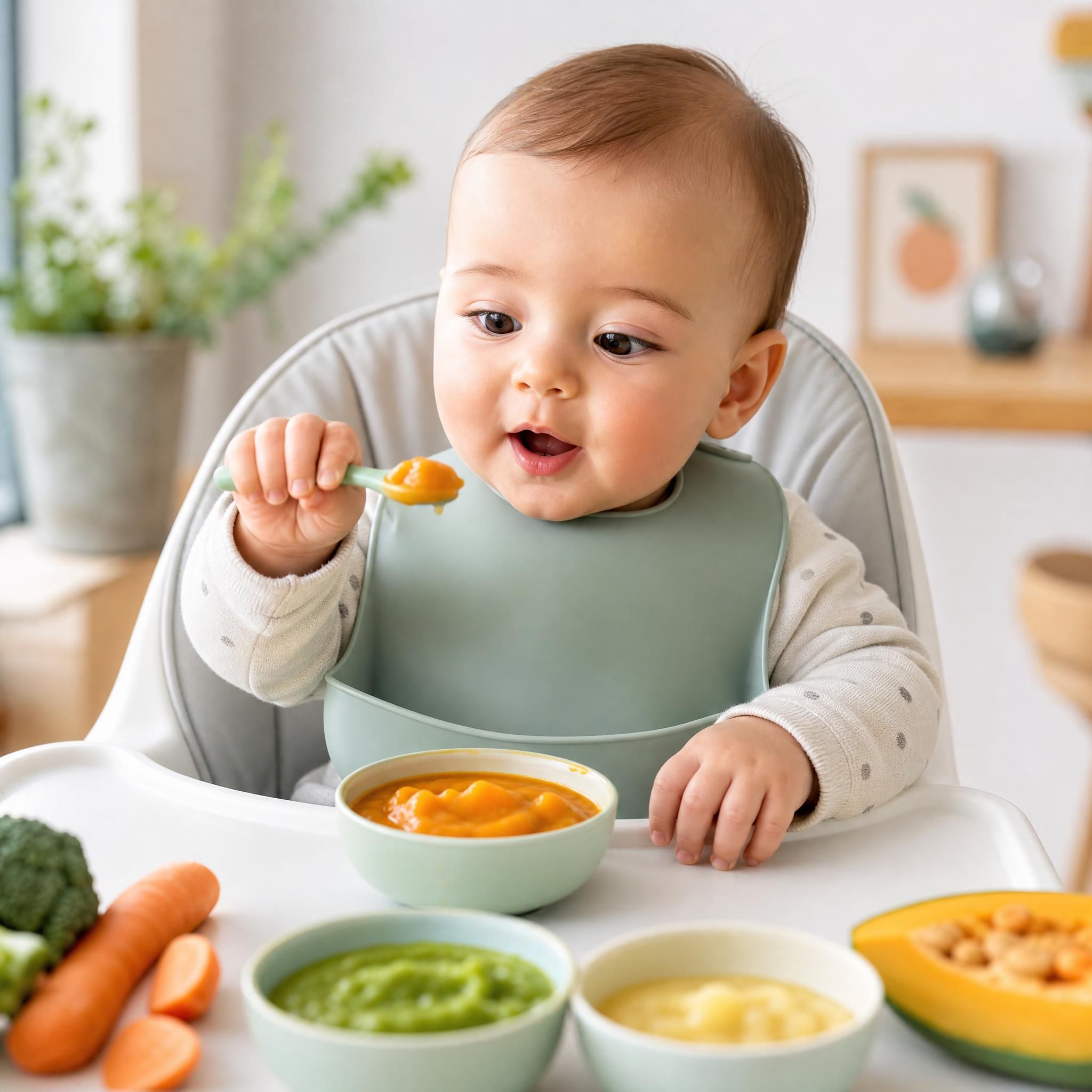 Bébé de 6 mois découvrant ses premières purées de légumes colorés, expression de curiosité et de plaisir