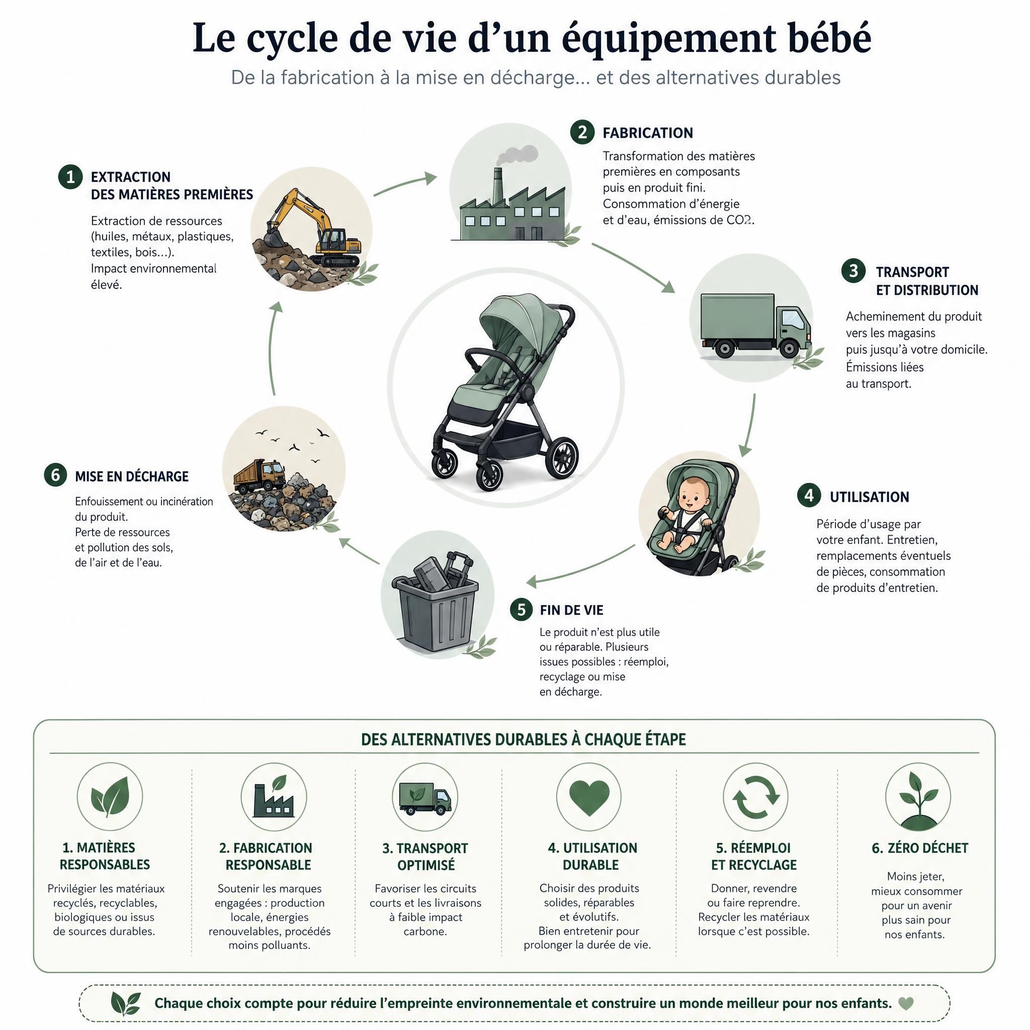 Infographie montrant le cycle de vie d'un équipement bébé, de la fabrication à la mise en décharge, avec alternatives durables