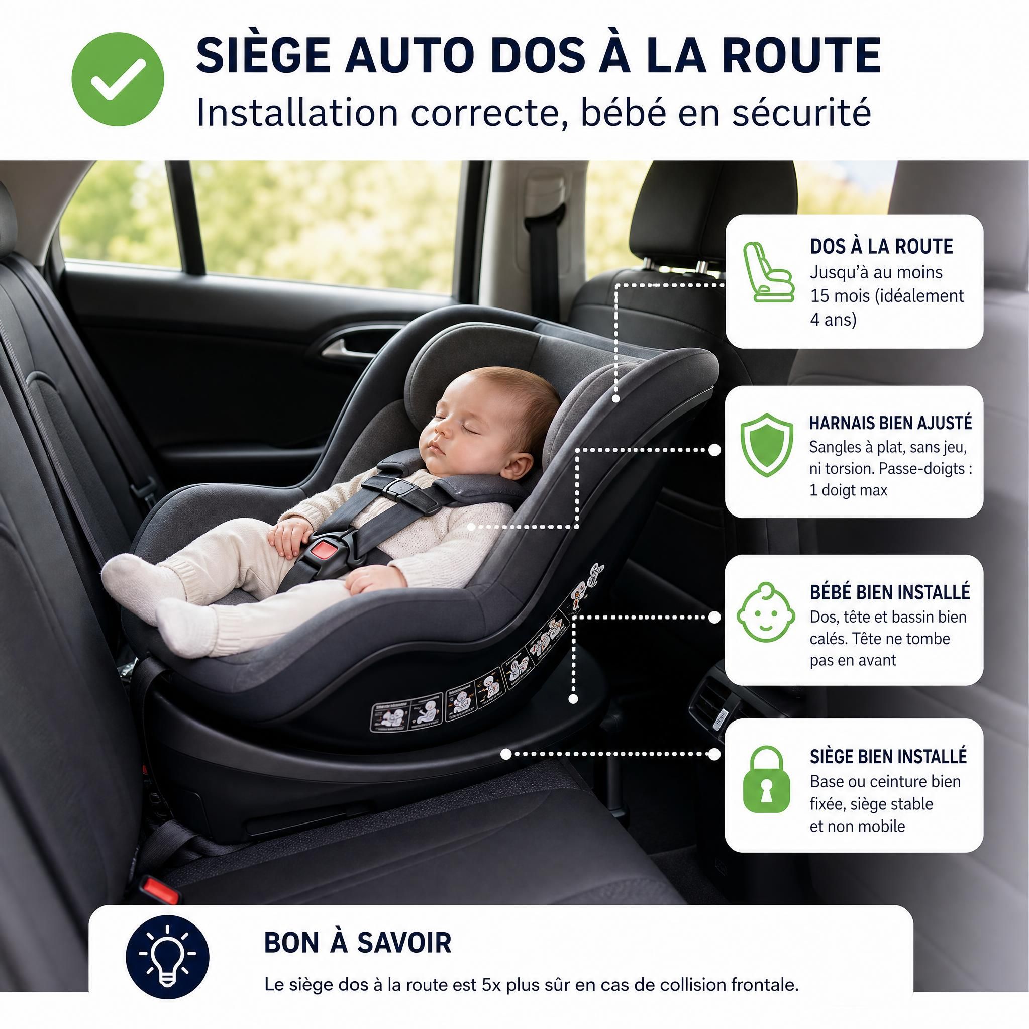 Installation correcte d'un siège auto bébé dos à la route avec harnais bien ajusté - sécurité enfant en voiture
