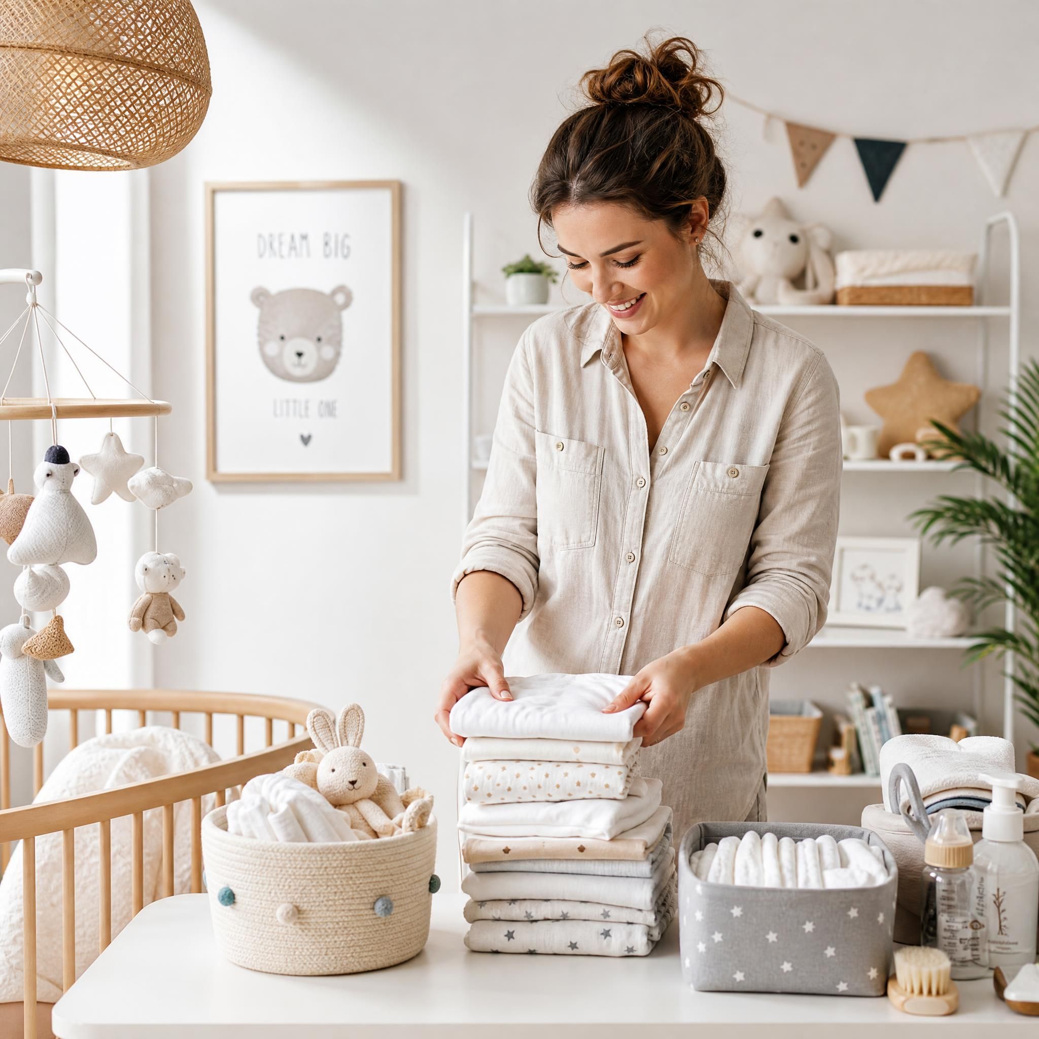 Jeune maman souriante préparant la chambre de son bébé avec des accessoires de puériculture soigneusement organisés