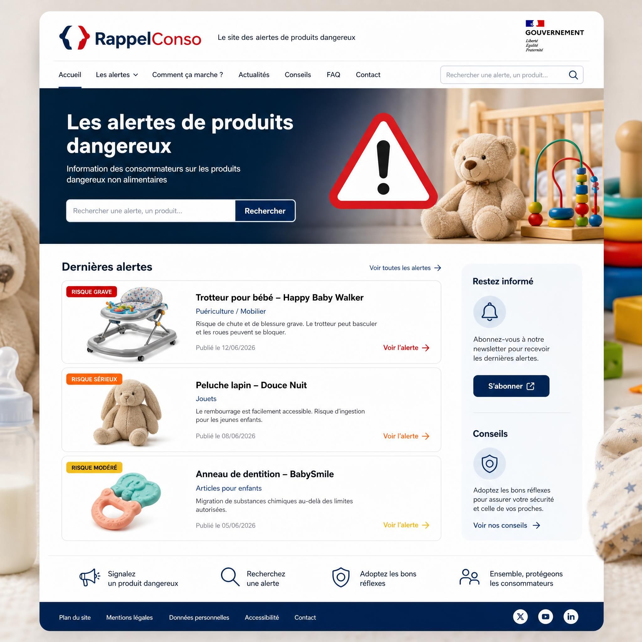 Capture d'écran symbolique du site RappelConso avec alertes produits bébé dangereux 2026