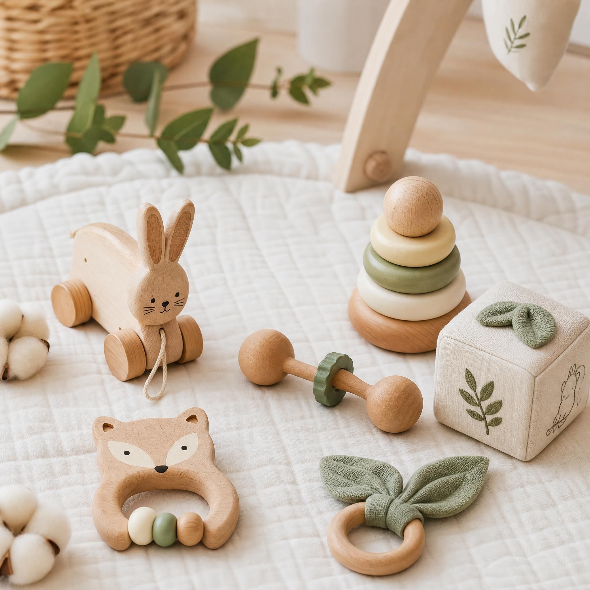 Jouets bébé éco-responsables en bois naturel et coton bio disposés sur un tapis d'éveil