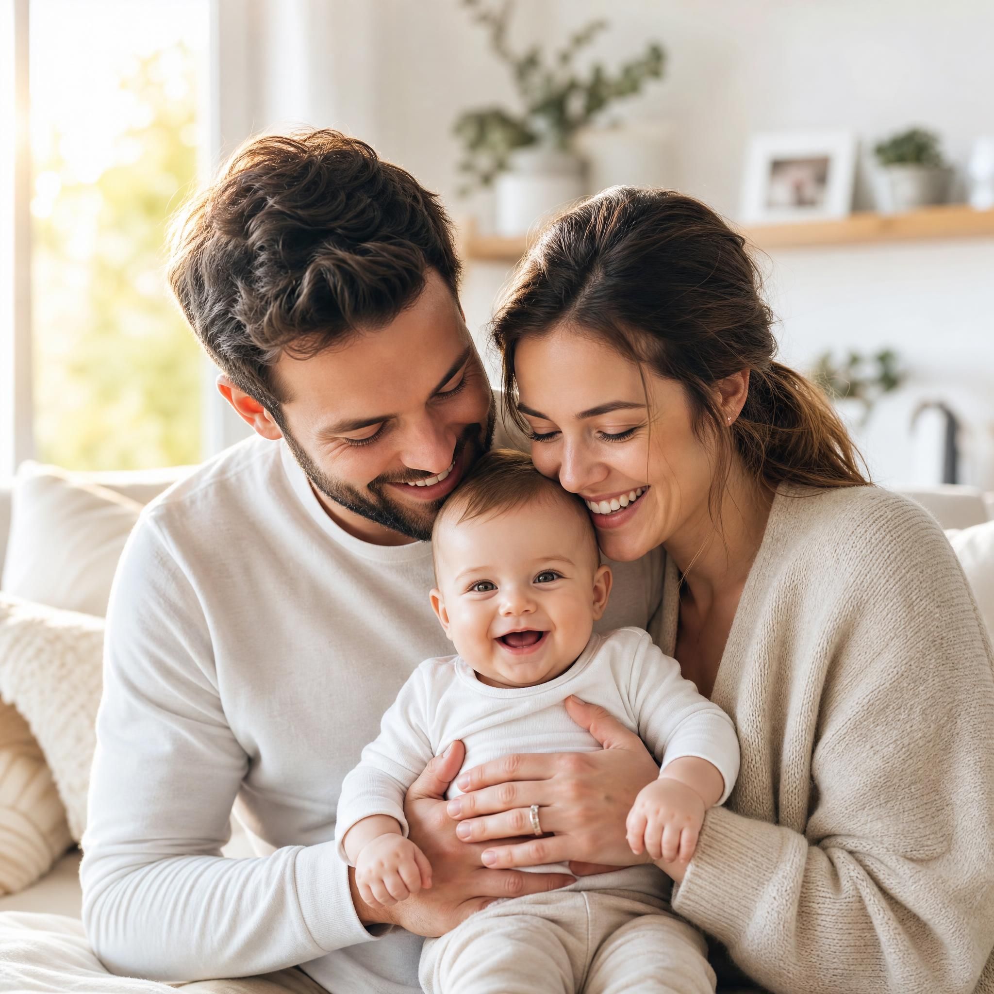 Parents heureux tenant leur bébé souriant dans un cadre lumineux et chaleureux, symbolisant la réussite parentale