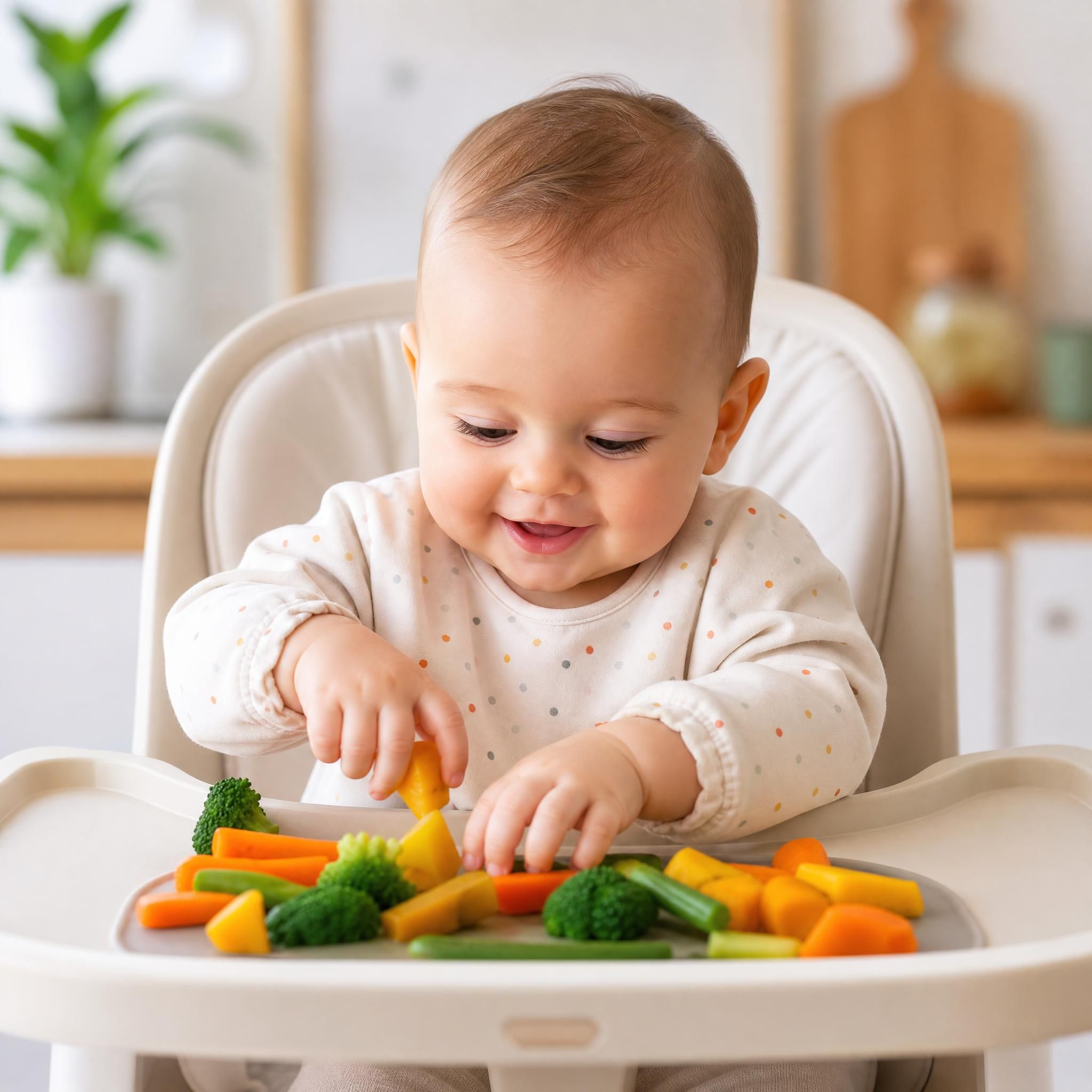 Bébé de 7 mois souriant assis dans une chaise haute, explorant des légumes colorés avec ses mains