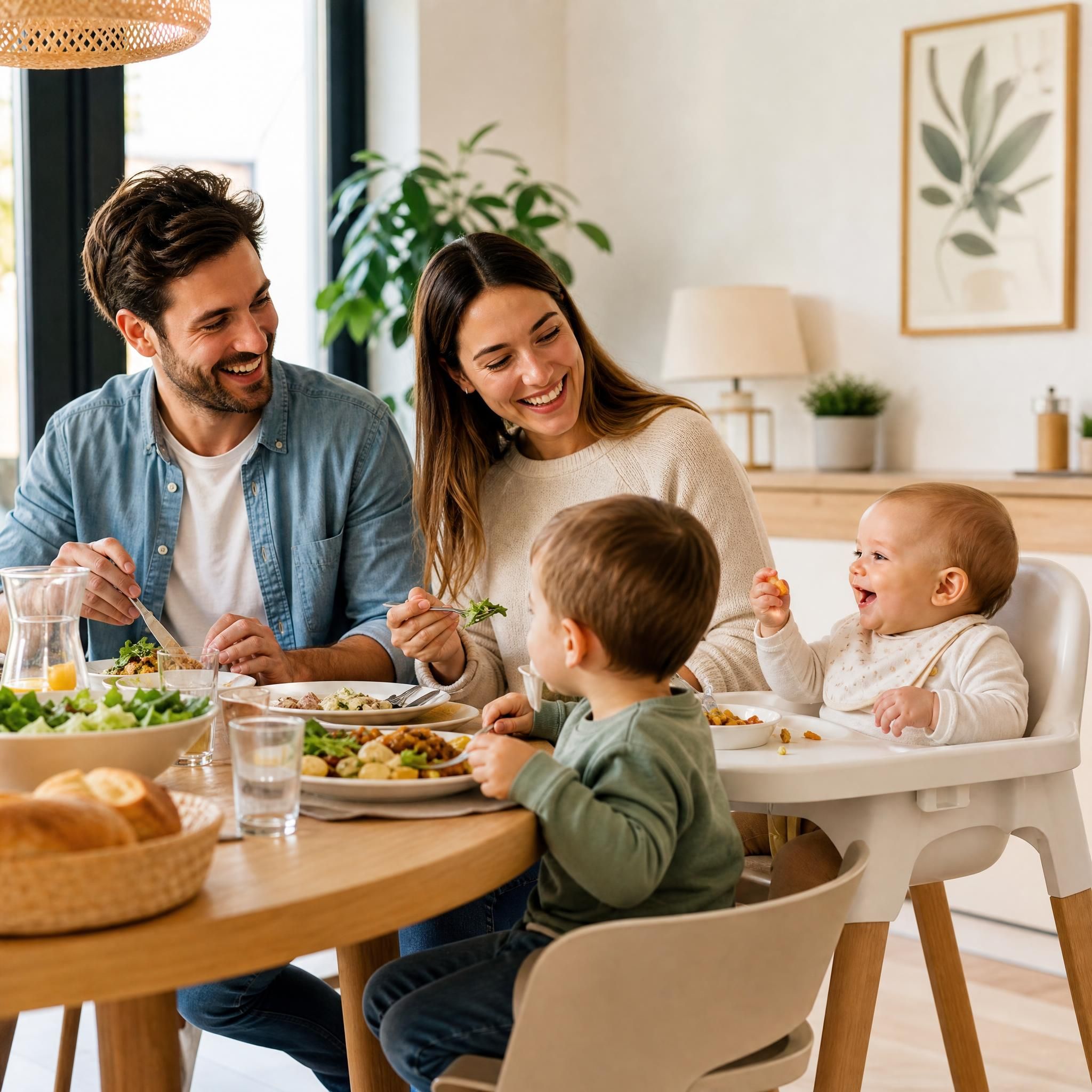 Famille heureuse attablée ensemble, bébé dans sa chaise haute participant au repas familial, ambiance chaleureuse et conviviale